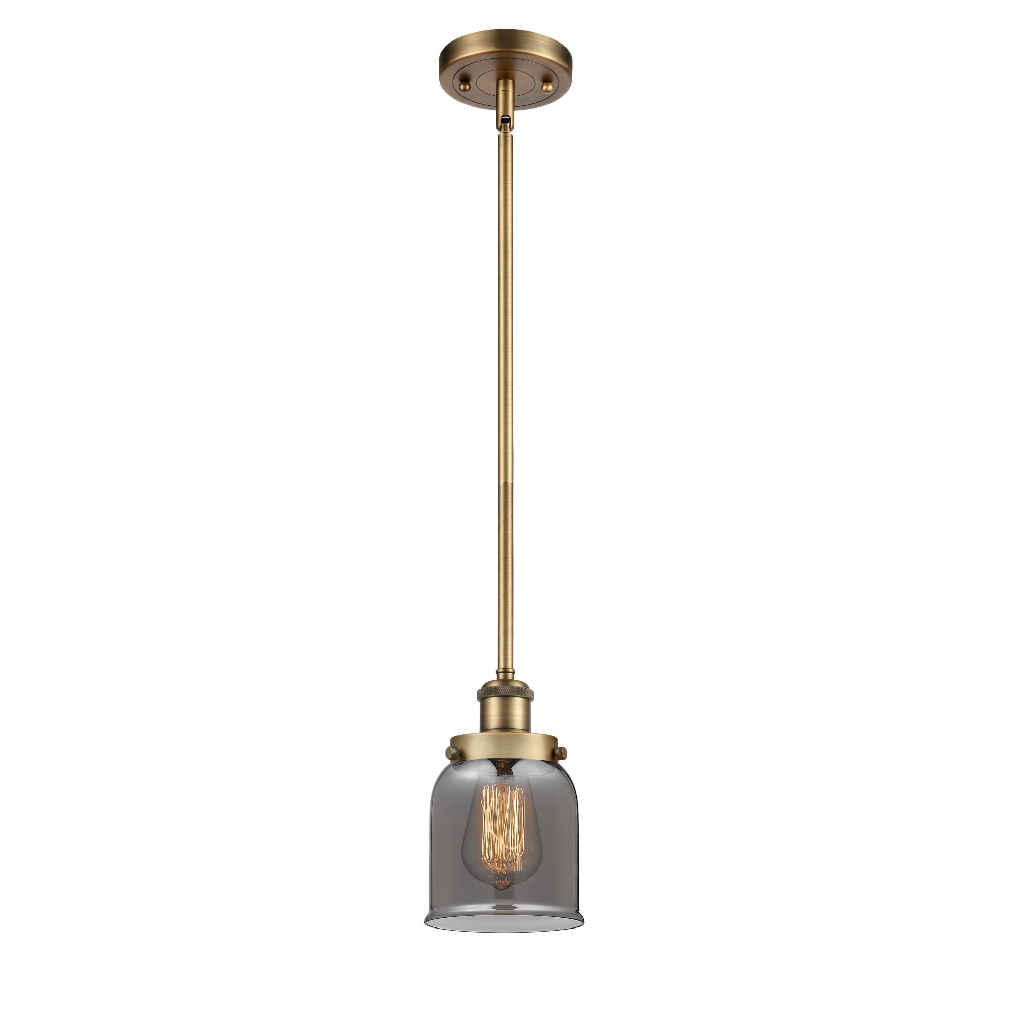 Shown in Brushed Brass finish and Plated Smoke Small Bell glass