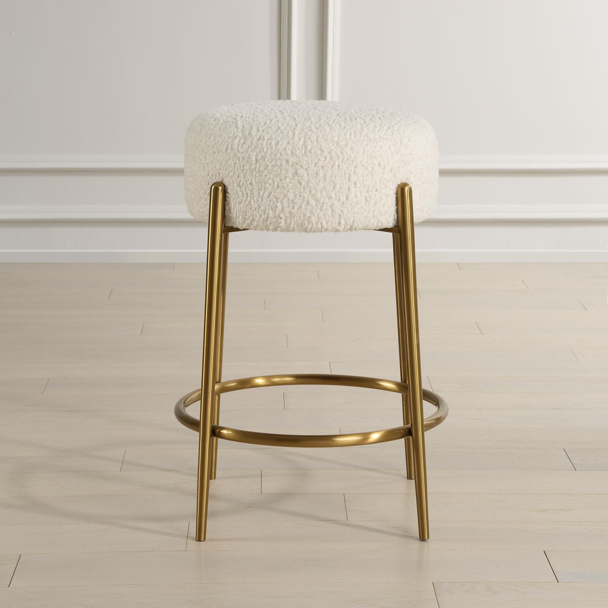 Shown in This Plush Counter Stool Is Covered In A Luxurious White Faux Shearling, Suspended Within Brushed Br finish