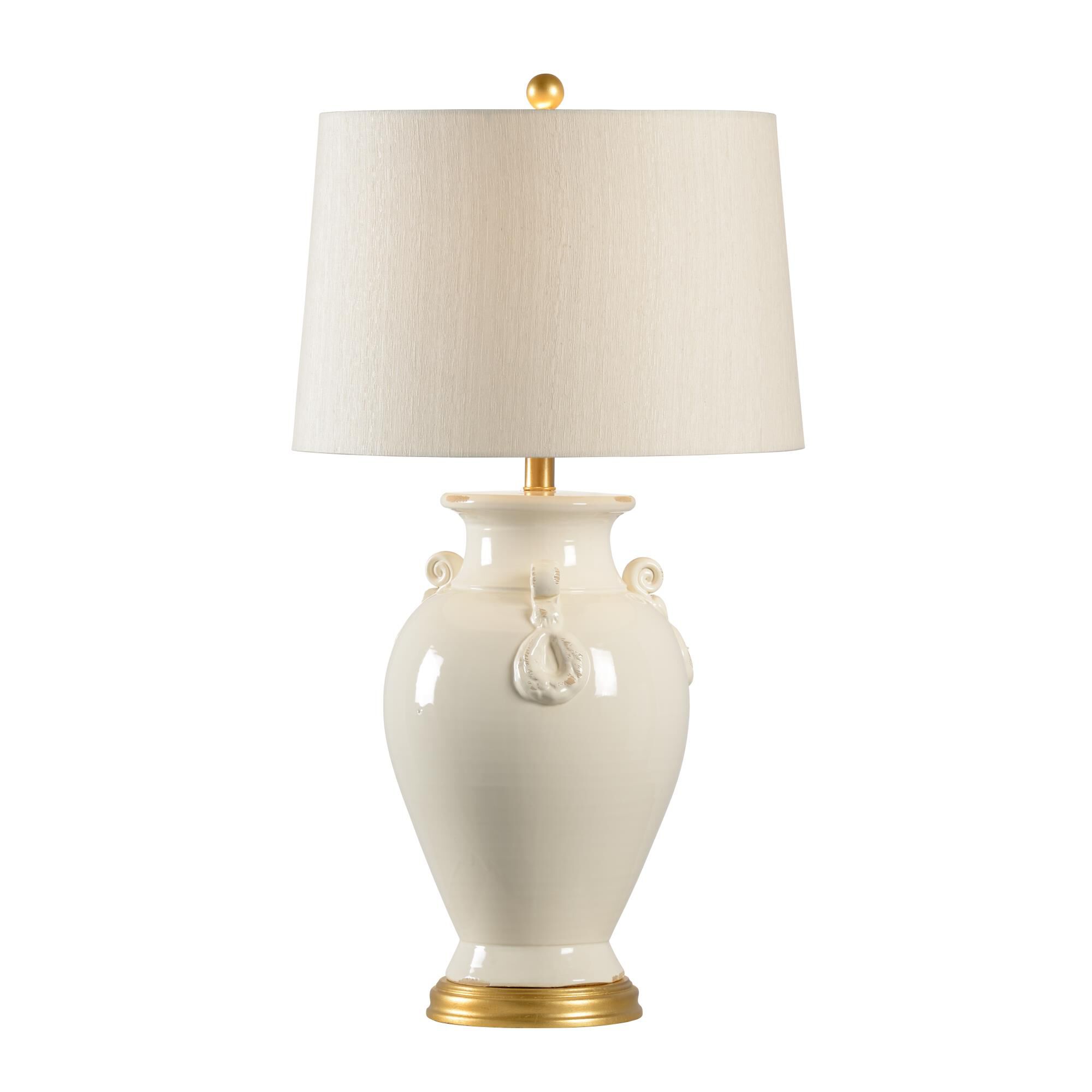 Shown in White-Antique Gold Leaf finish and Cream Raw Silk shade