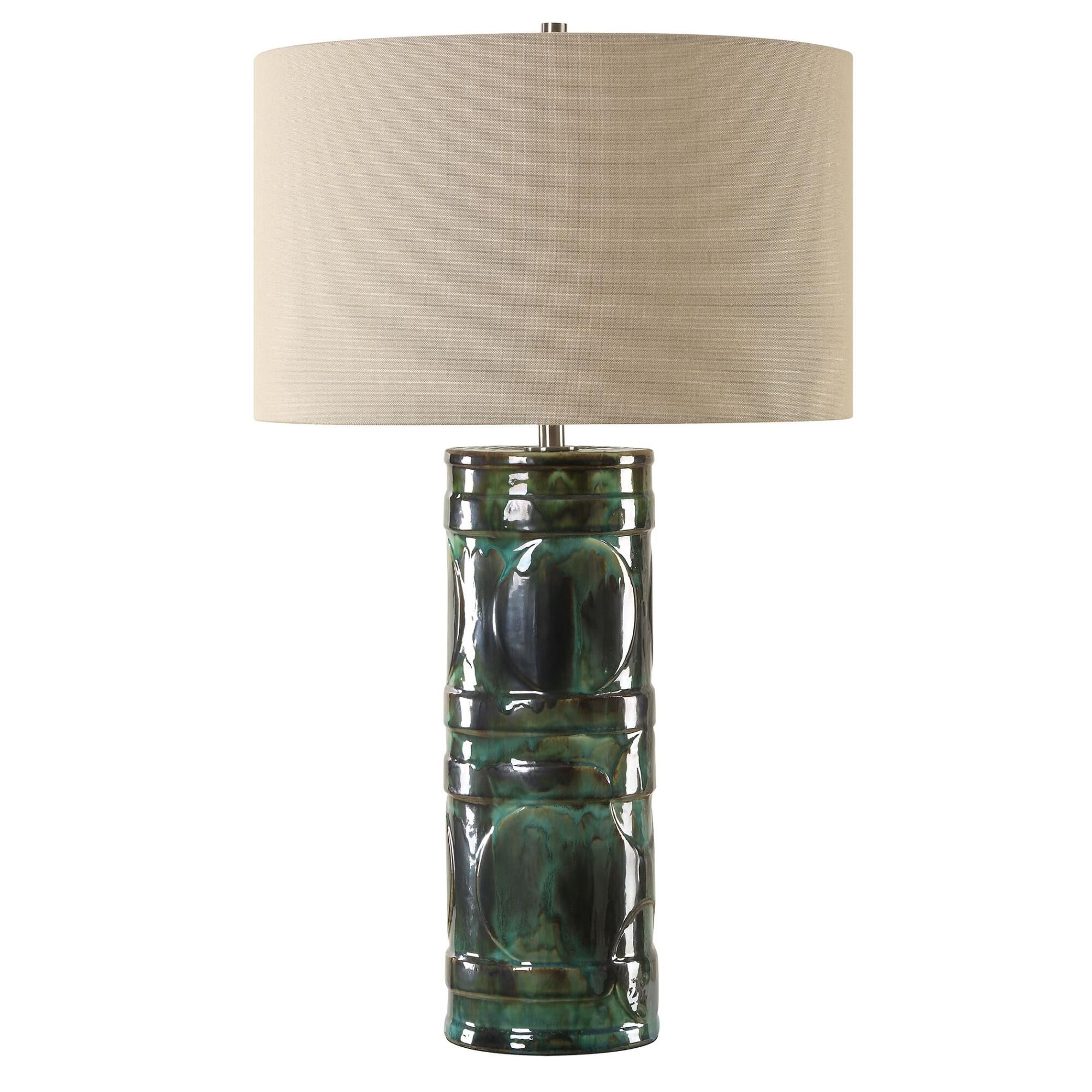 Shown in The Loch Table Lamp Features A Ceramic Base, Embellished With A Peacock Green And Slate Glaze, Addin finish