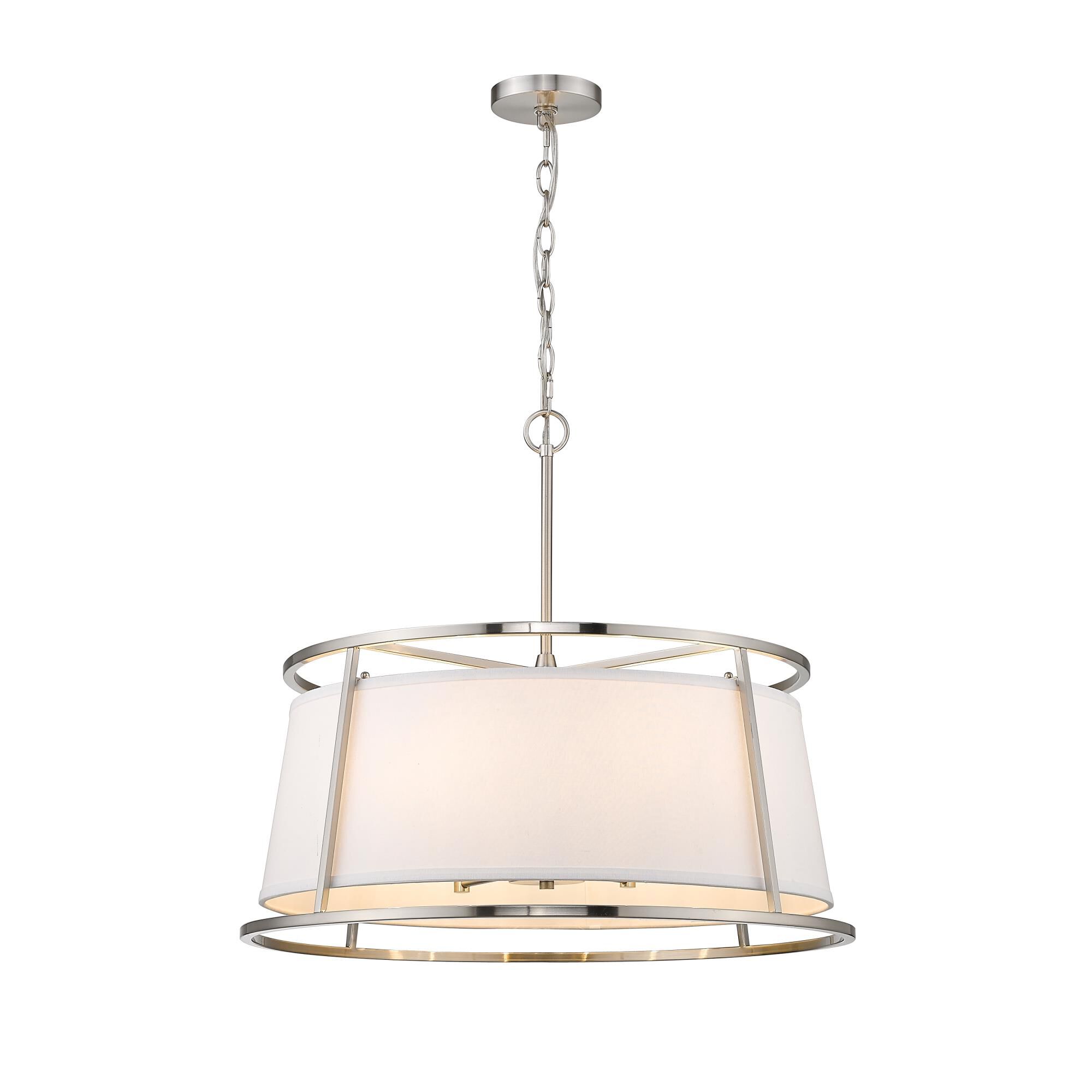 Shown in Brushed Nickel finish and Fabric glass and Fabric shade