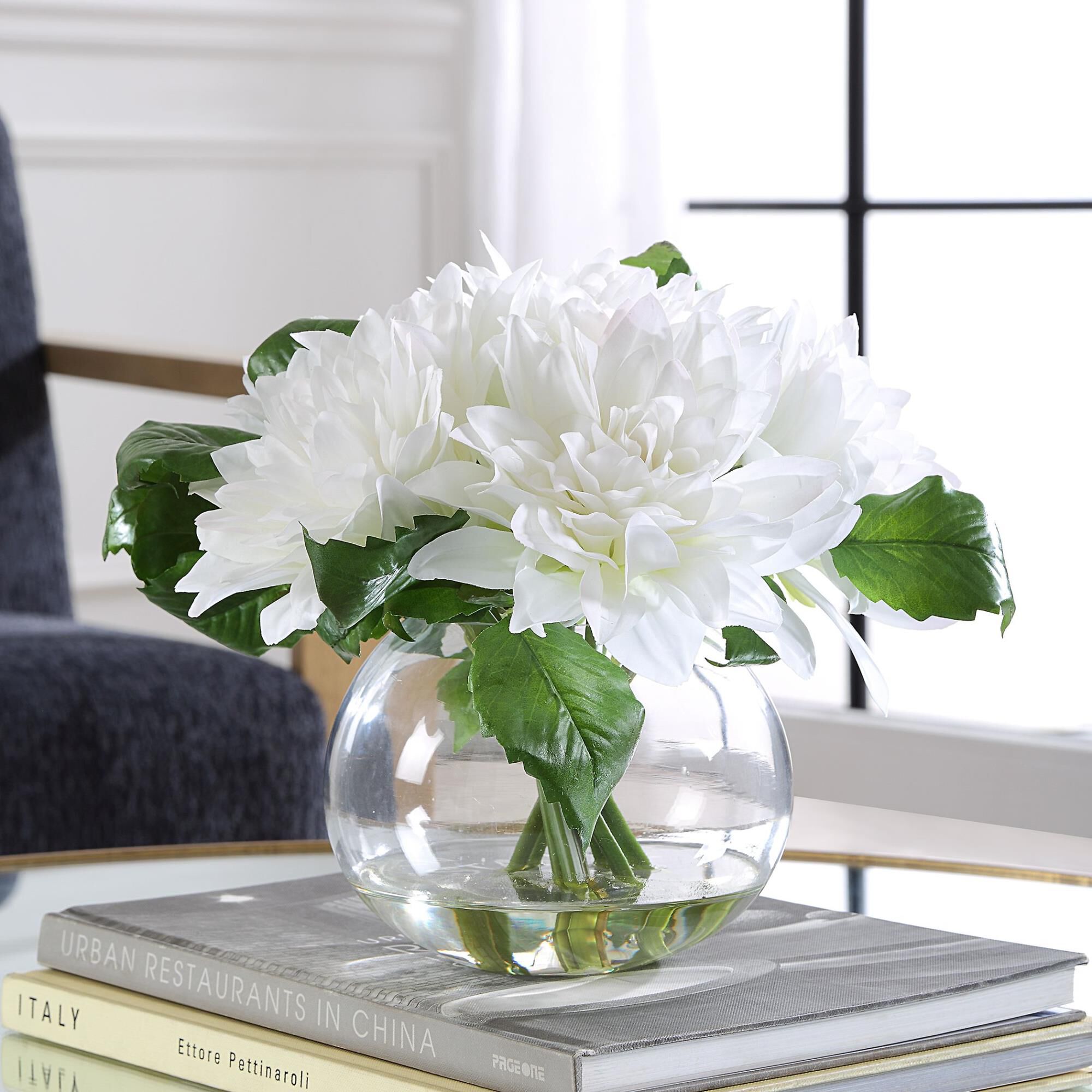 Shown in A Lush Bunch Of Pure White Dahlias In Clear Glass With Faux Water, As If Freshly Cut And Effortlessl finish