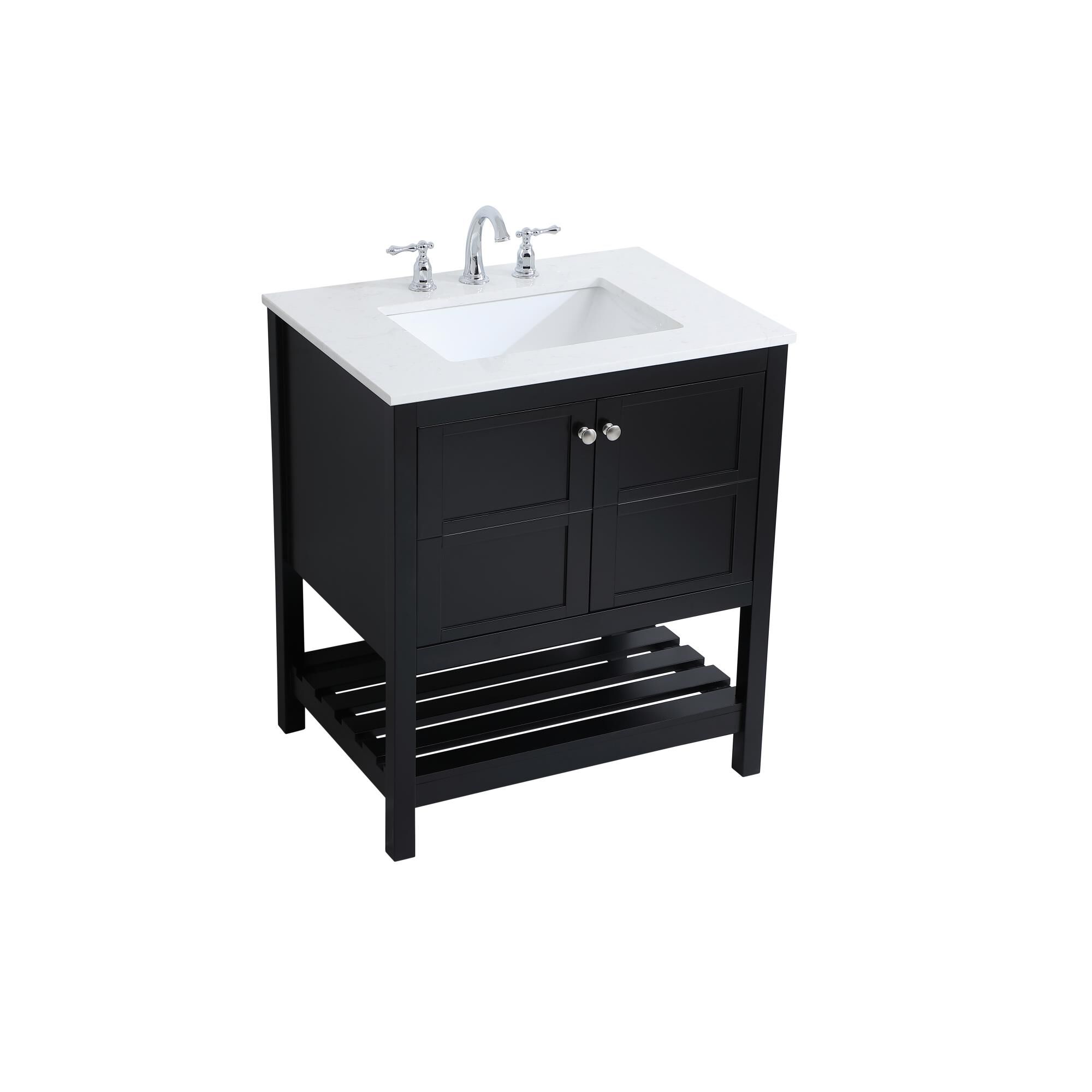 Shown in Black And Brushed Nickel With Calacatta Quartz finish