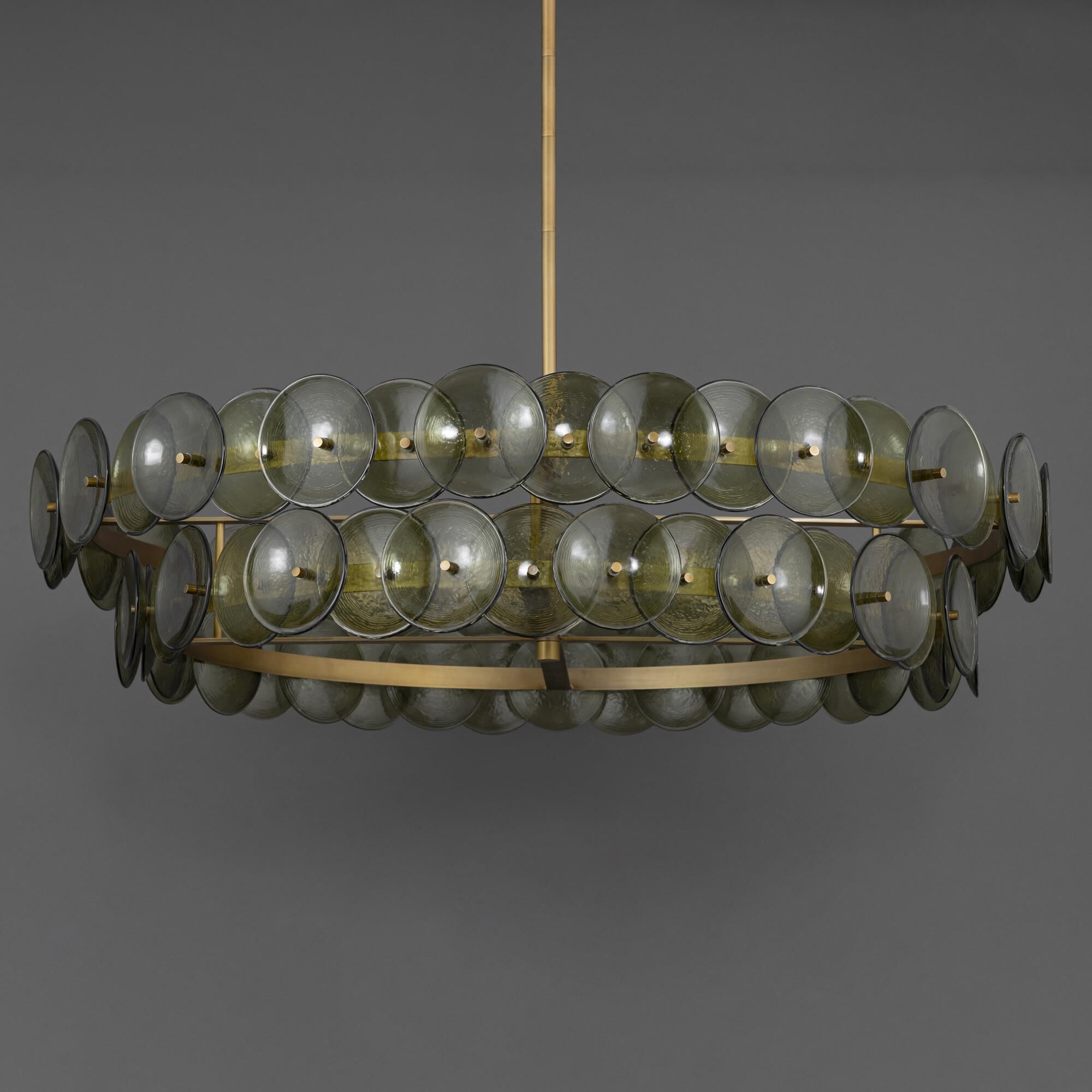 Shown in Weathered Brass finish and Green Vintage glass and Recycled Glass shade