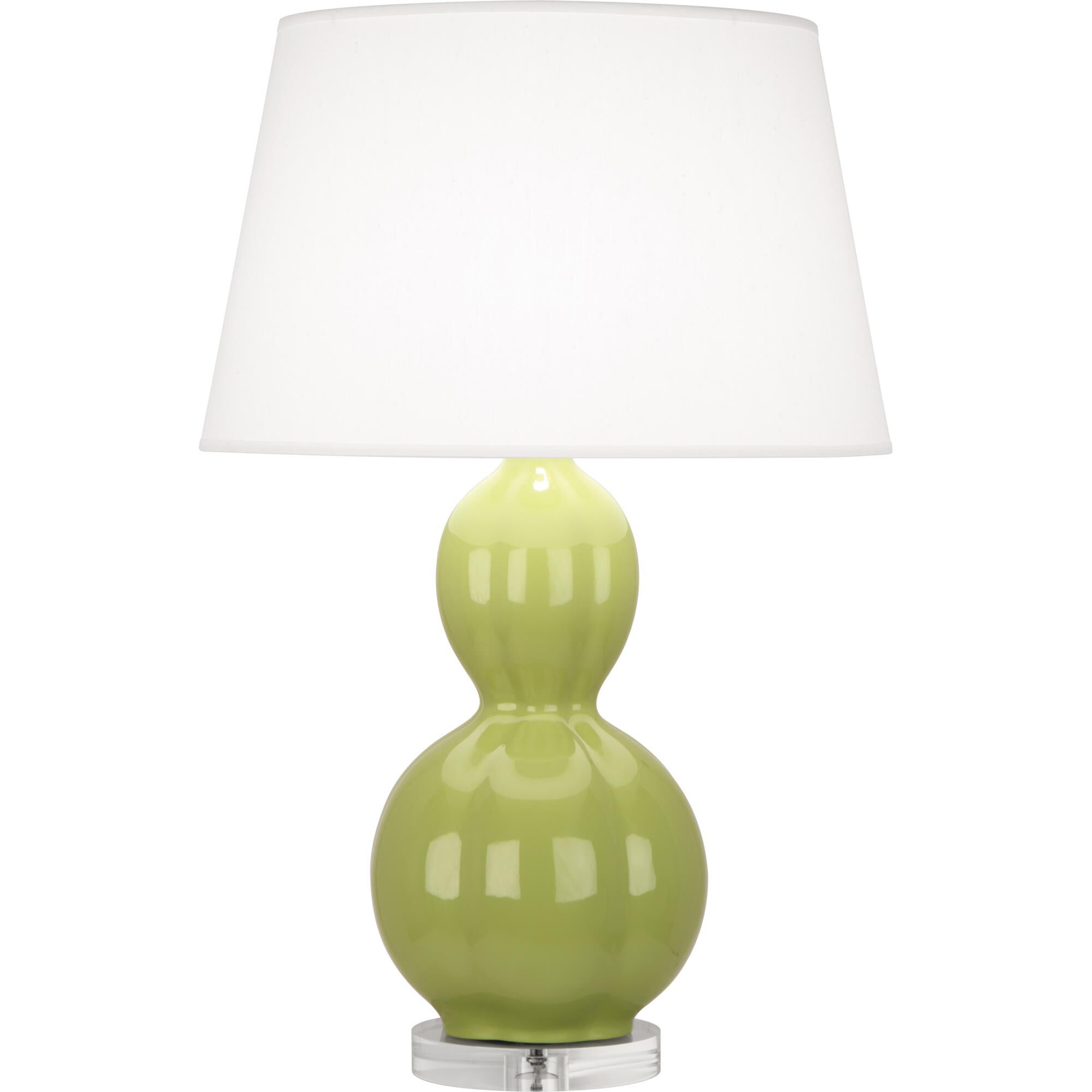 Shown in Muted Chartreuse Glazed Ceramic With Lucite Base finish and Pearl Dupioni Fabric shade