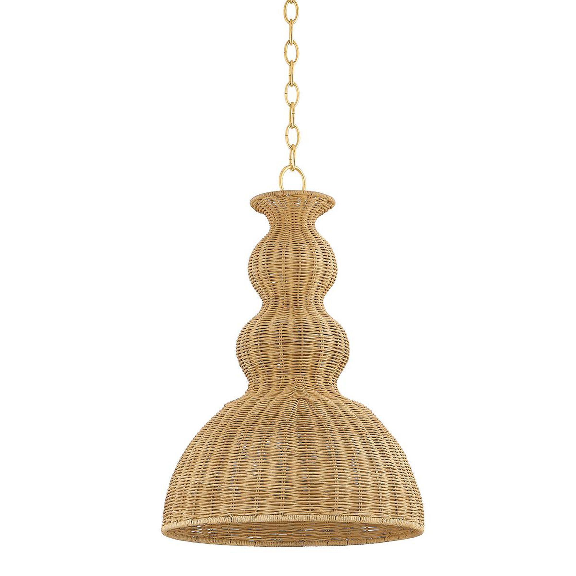 Shown in Aged Brass finish and Natural Woven shade