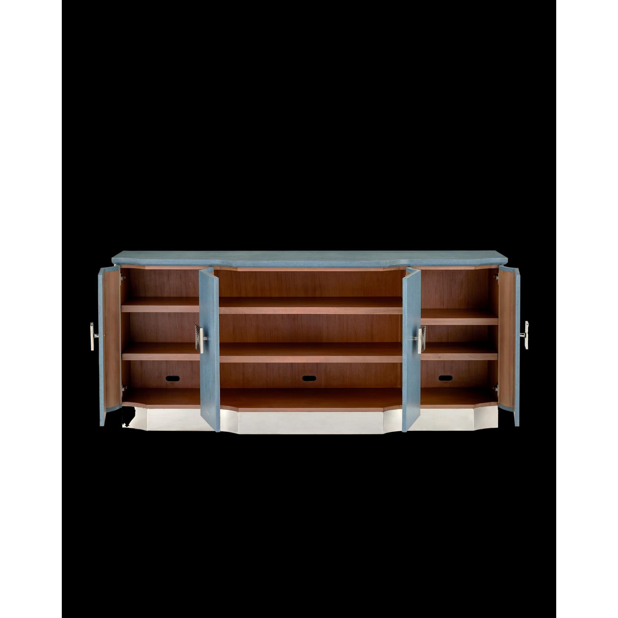 Shown in Lacquered Blue Linen, Washed Mahogany and Polished Stainless Steel finish