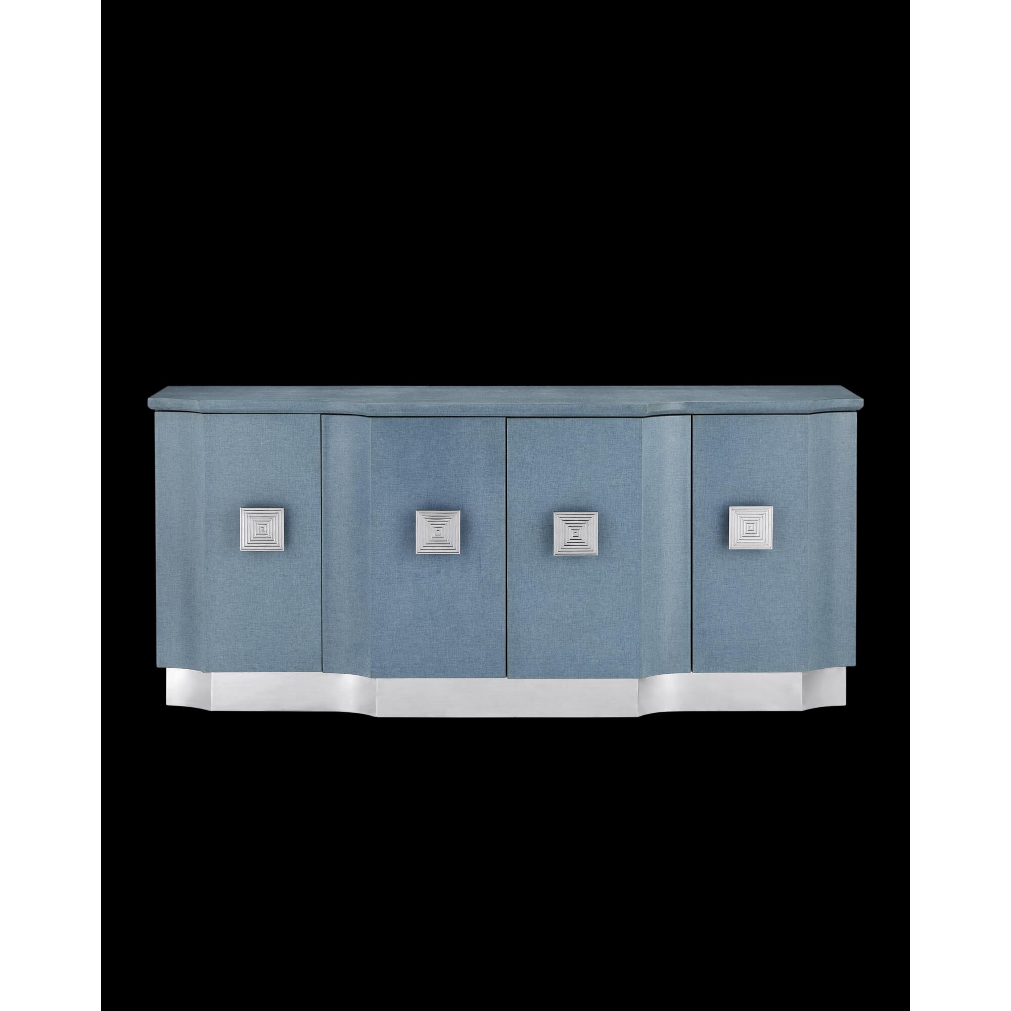 Shown in Lacquered Blue Linen, Washed Mahogany and Polished Stainless Steel finish