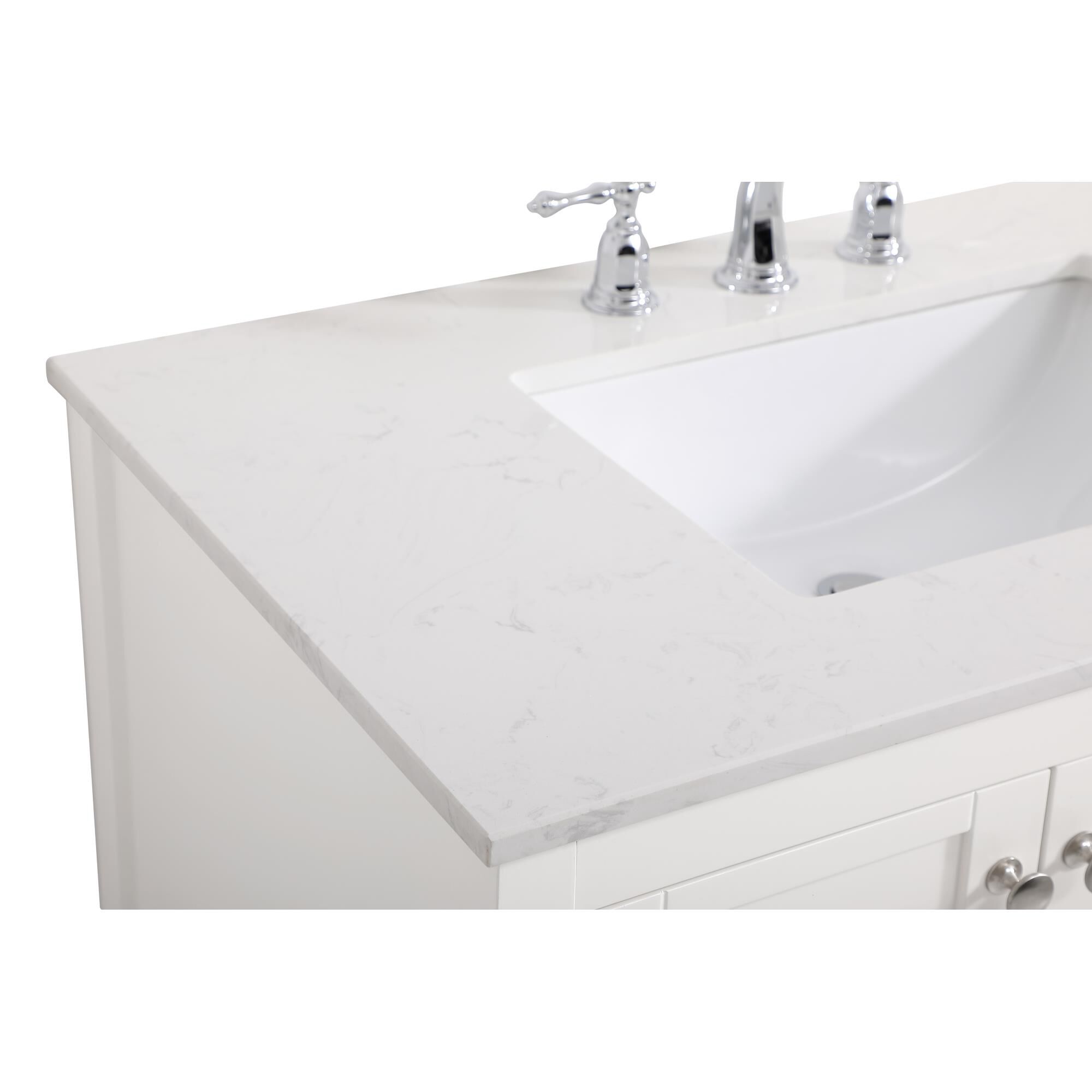 Shown in White And Brushed Nickel With Calacatta Quartz finish