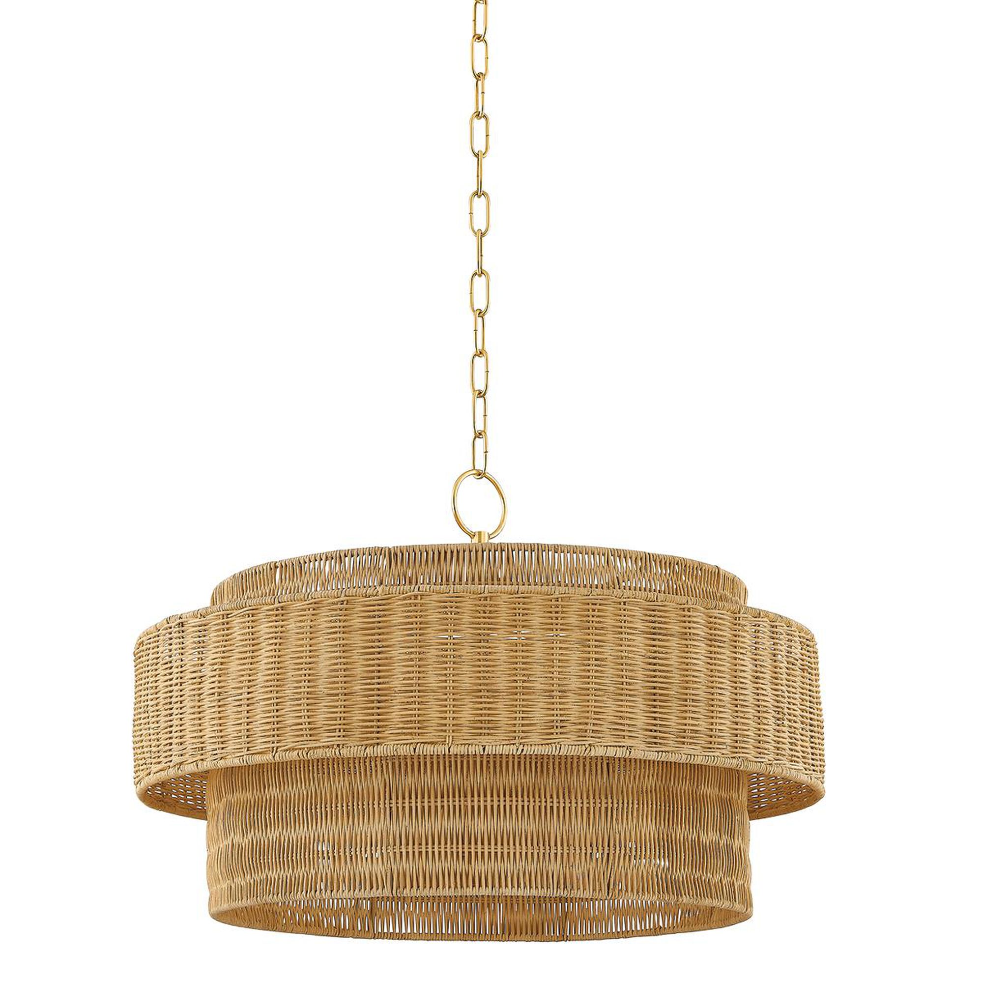 Shown in Aged Brass finish and Natural Woven shade