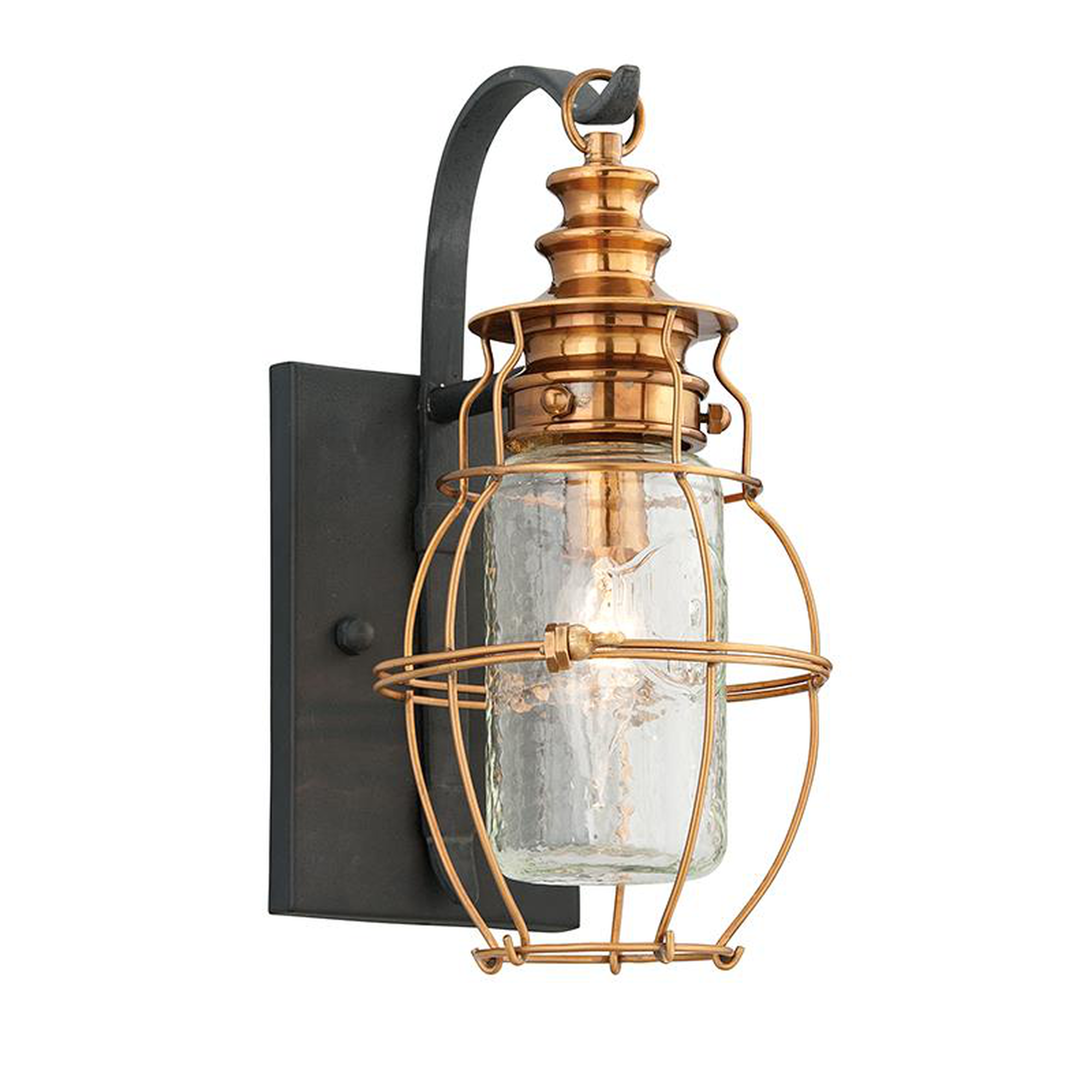 Shown in Aged Brass With Forged Black Accents finish and Clear Antique glass