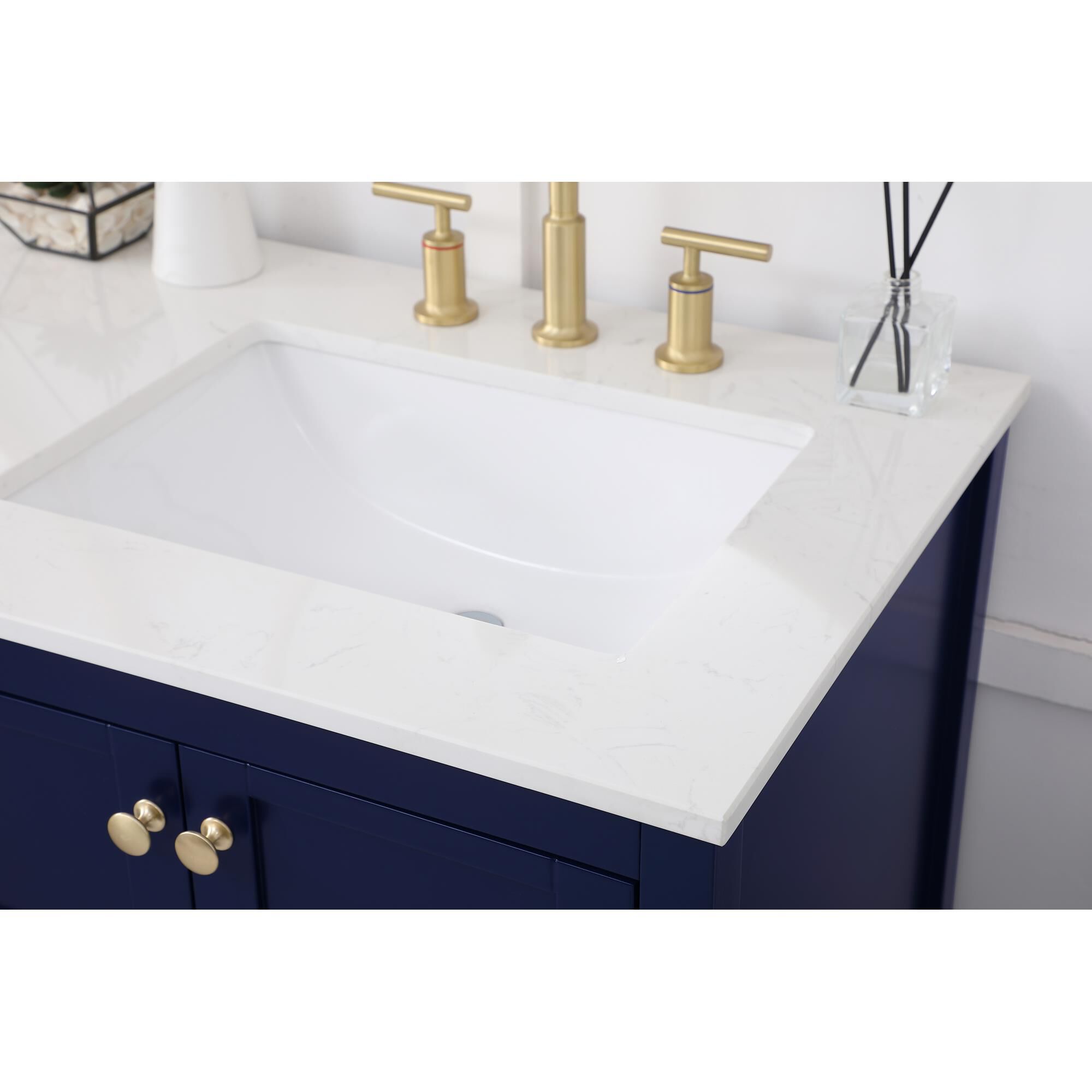 Shown in Blue And Gold With Calacatta Quartz finish