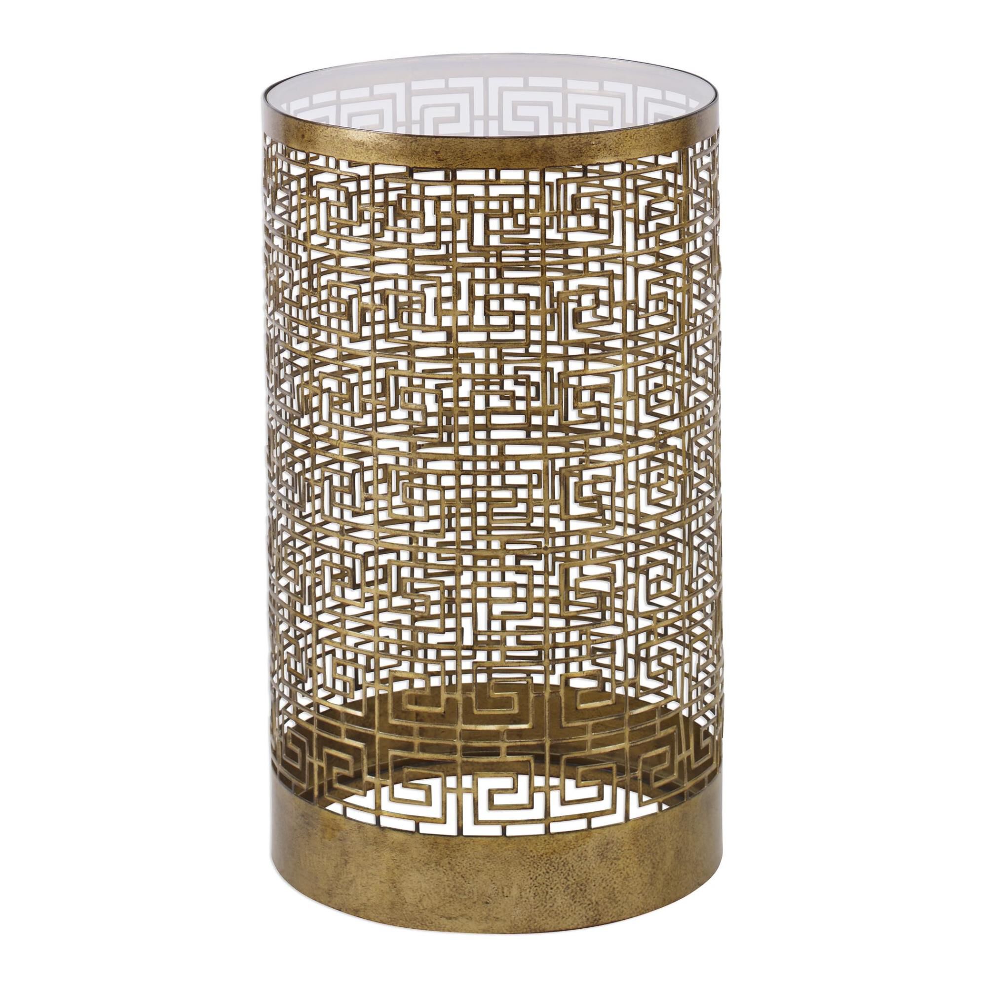 Shown in Greek Key Inspired Elements Elevate This Slender Drum Table Design In Lightly Antiqued Gold Finished finish