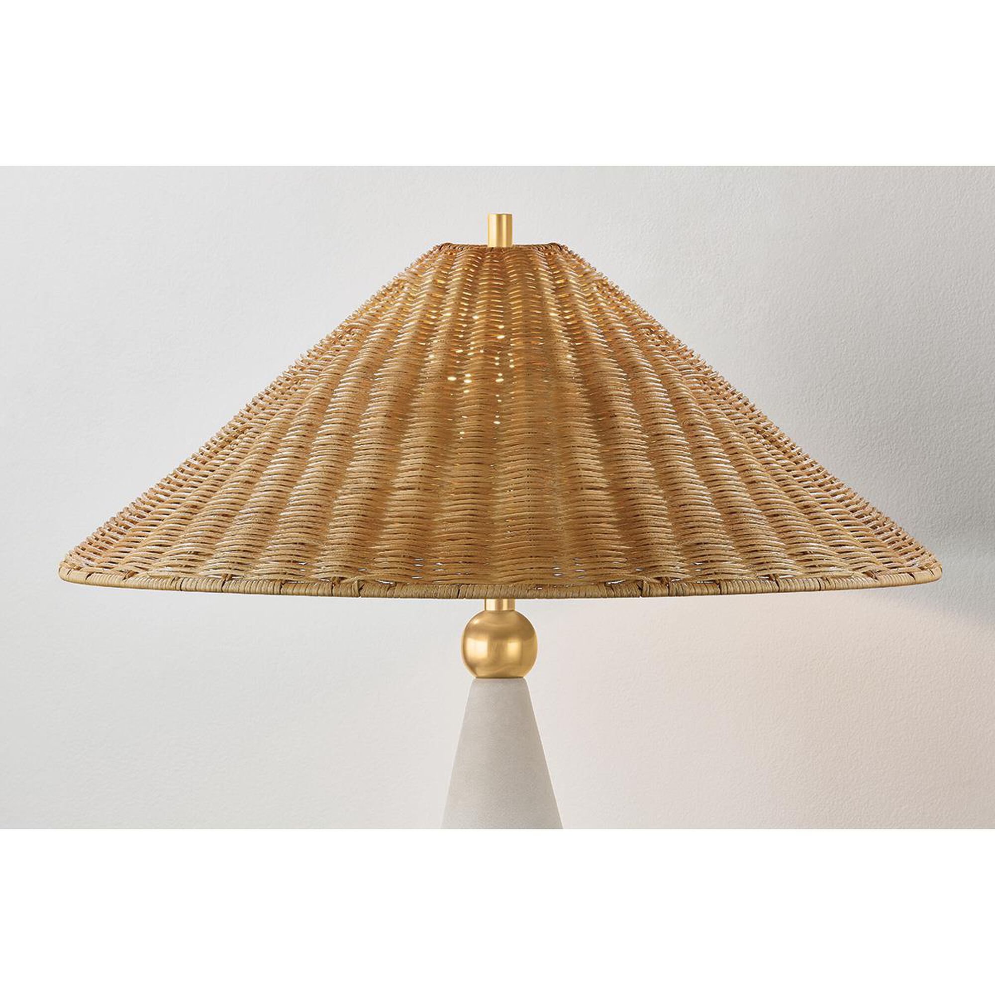 Shown in Aged Brass/ Ceramic Windswept White finish and Vintage Natural Wicker shade