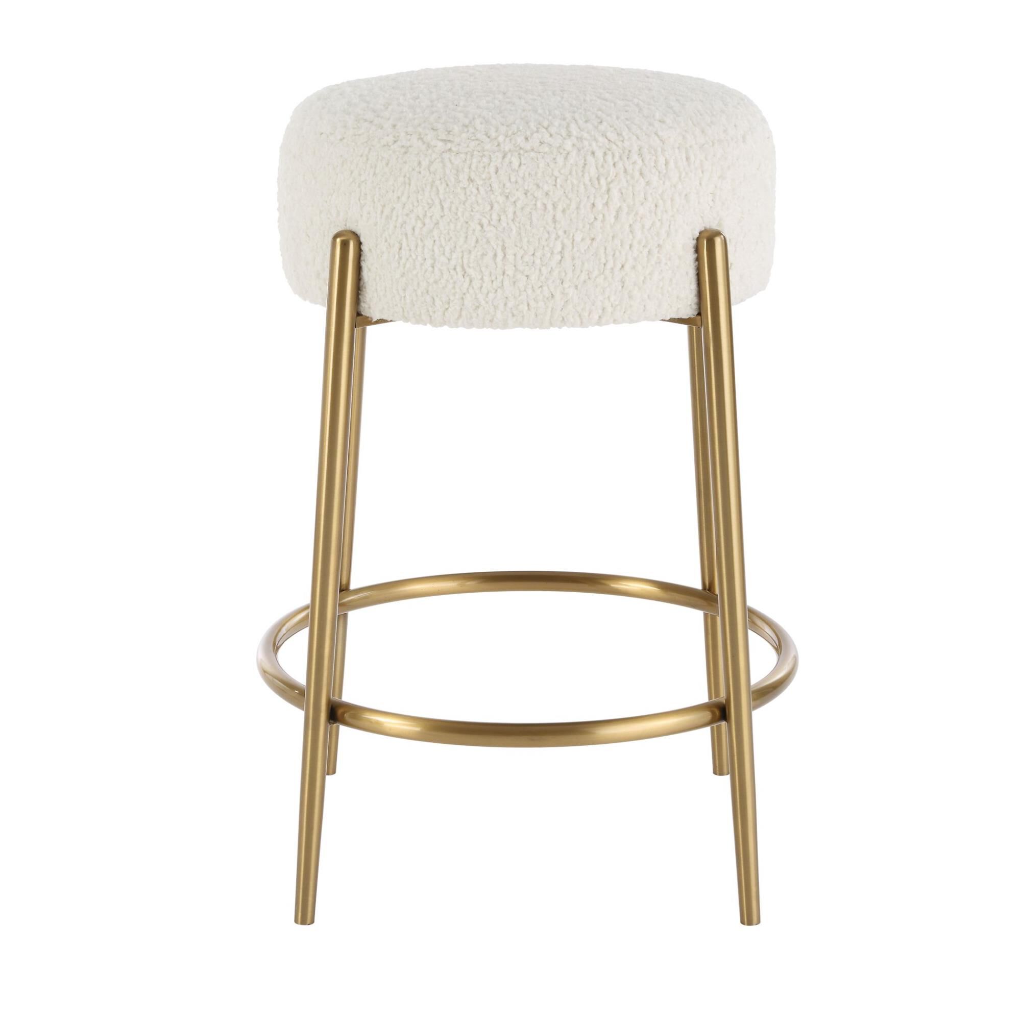 Shown in This Plush Counter Stool Is Covered In A Luxurious White Faux Shearling, Suspended Within Brushed Br finish