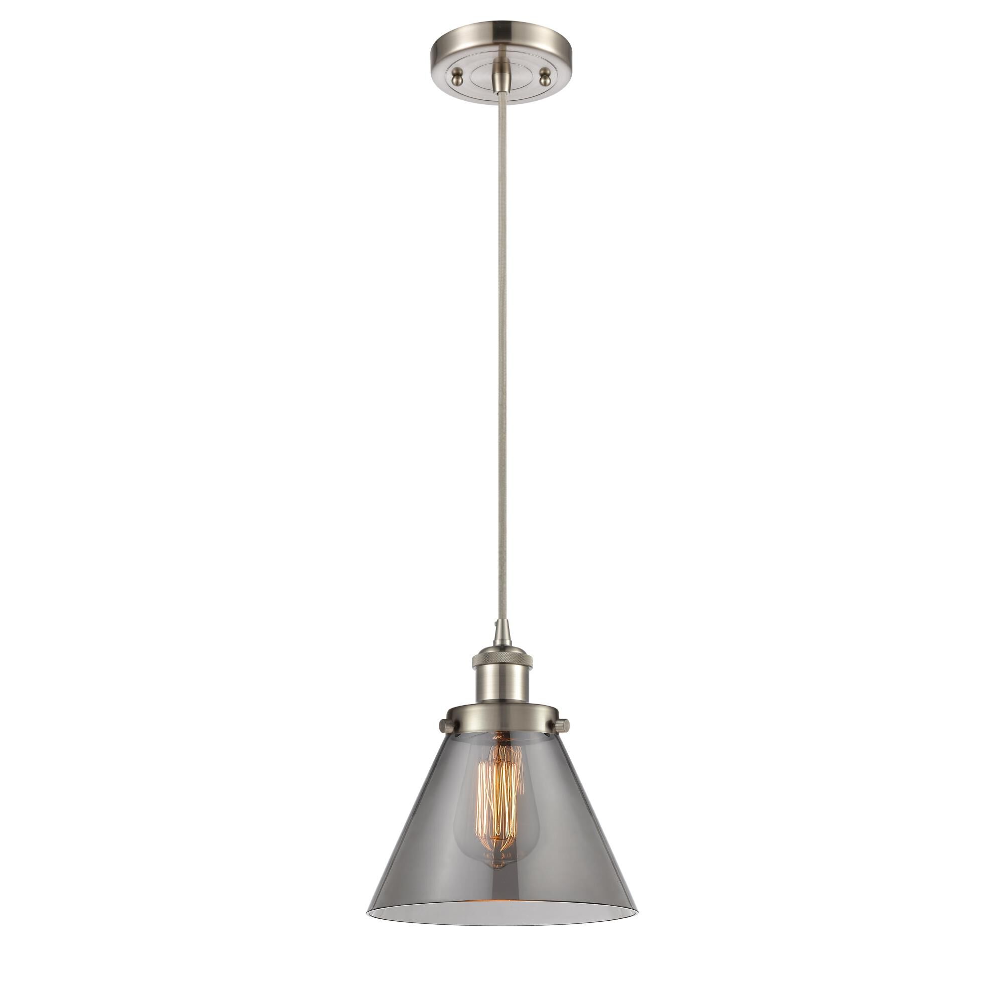 Shown in Brushed Satin Nickel finish and Cone glass and Glass shade