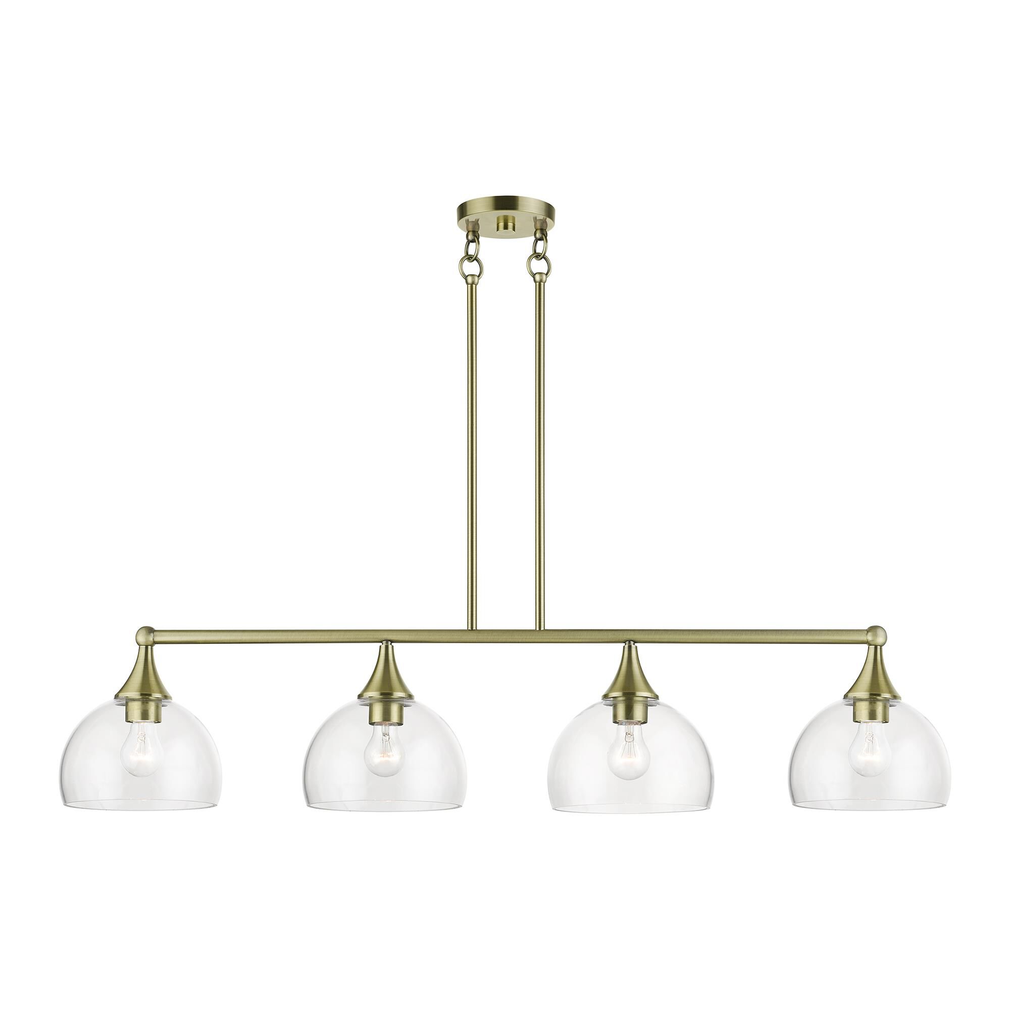 Shown in Antique Brass finish and Clear Hand Blown glass