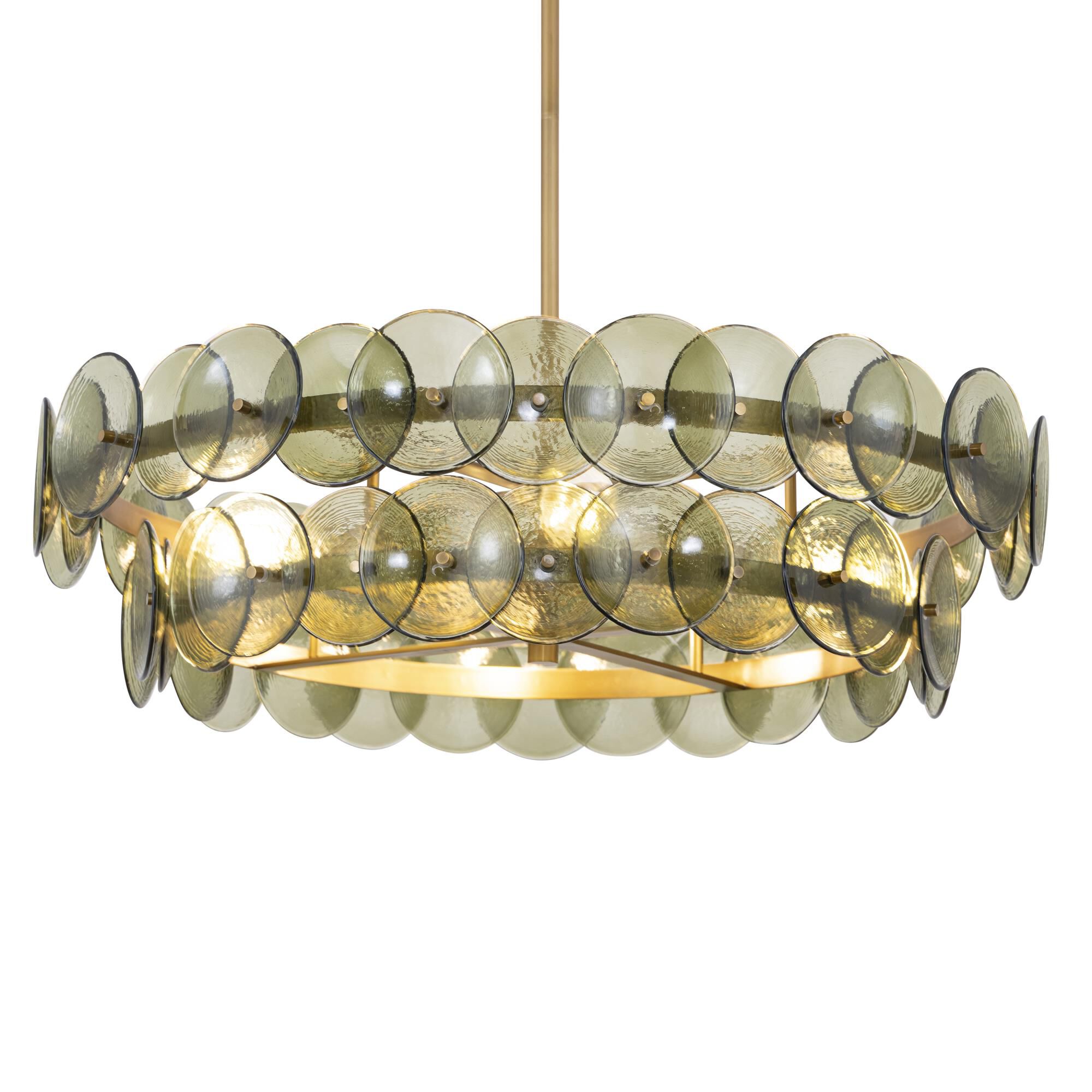 Shown in Weathered Brass finish and Green Vintage glass and Recycled Glass shade