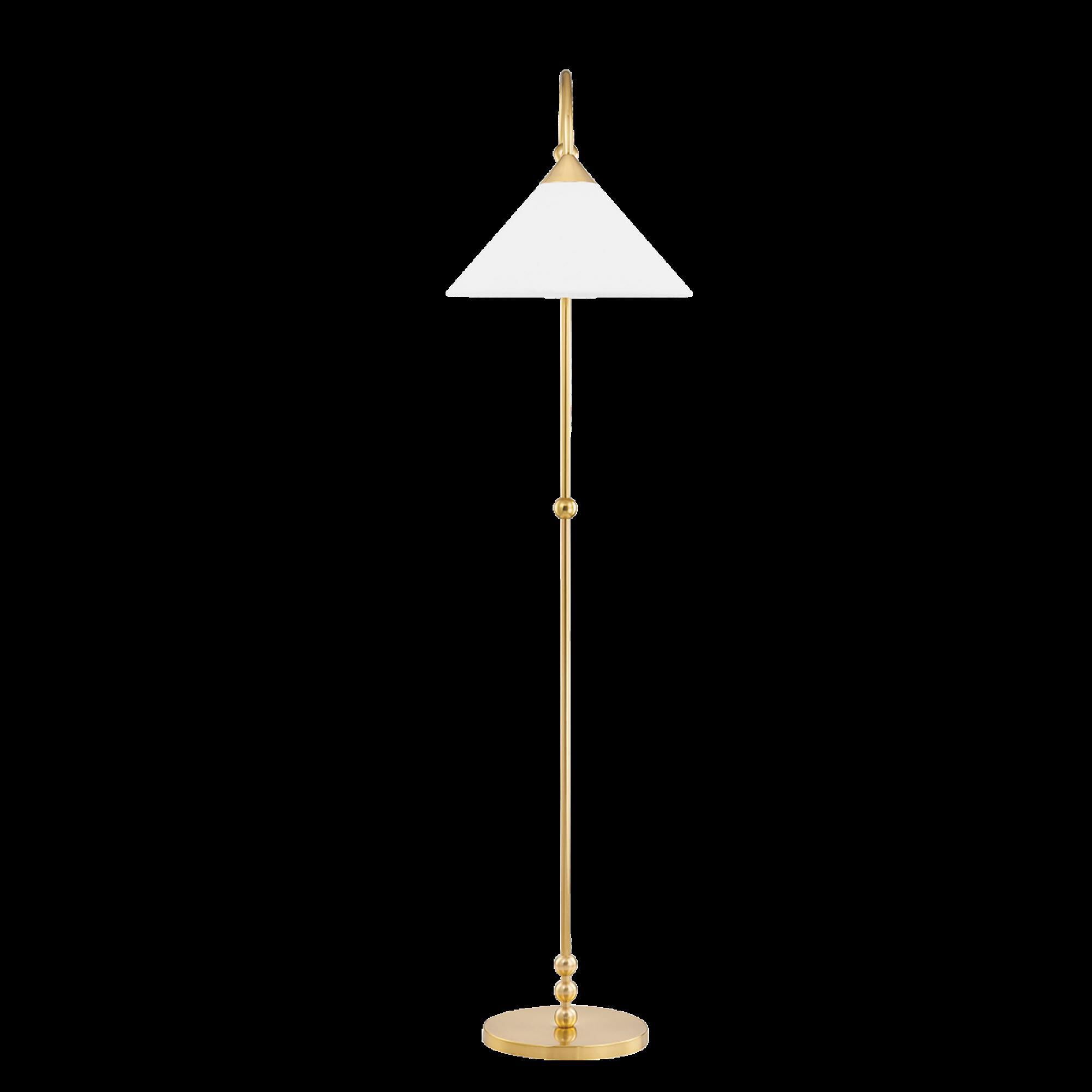 Shown in Aged Brass finish and White Linen shade