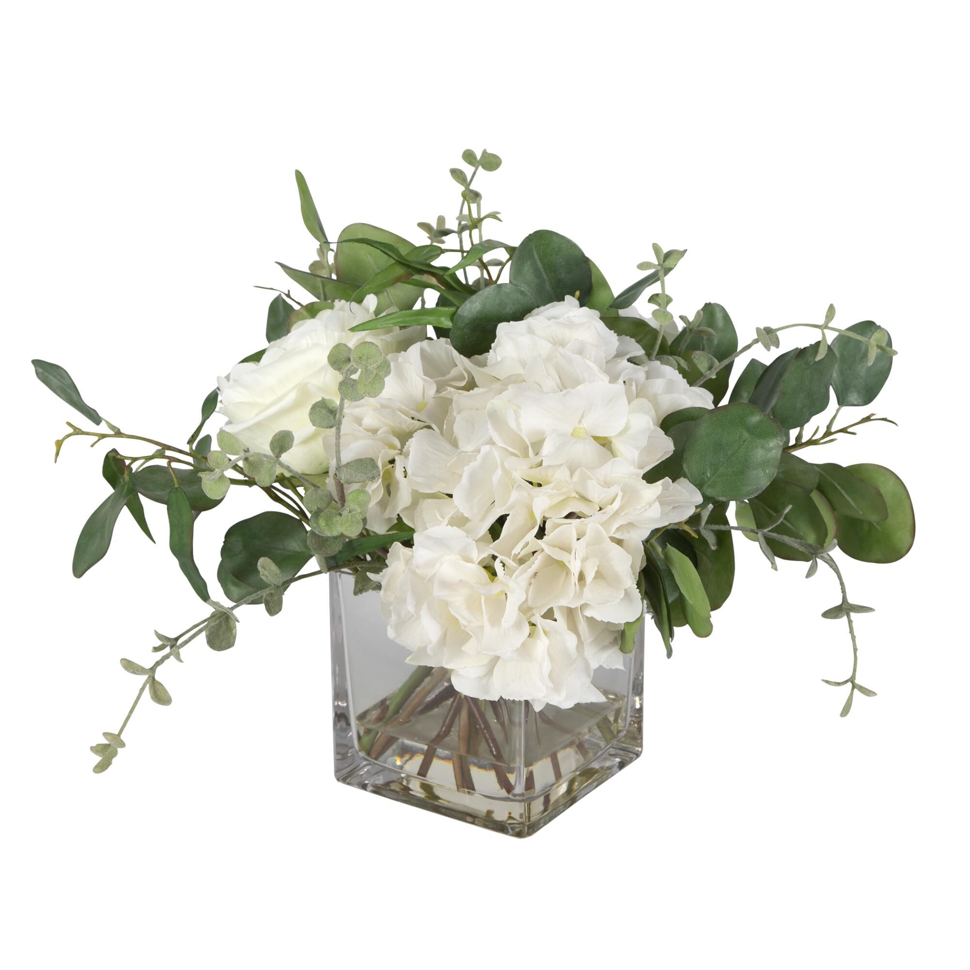 Shown in An Airy Mix As If Freshly Cut From The Garden, Featuring Cream Hydrangeas, Roses, Eucalyptus Placed  finish