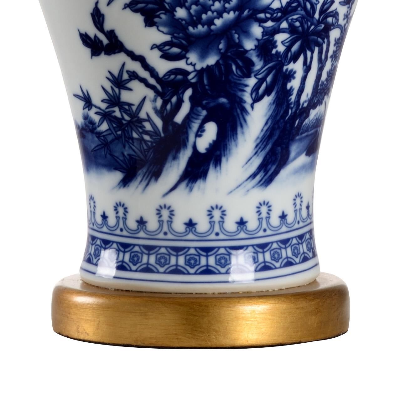 Shown in Blue/White Glaze/Antique Gold Leaf finish and Off White shade