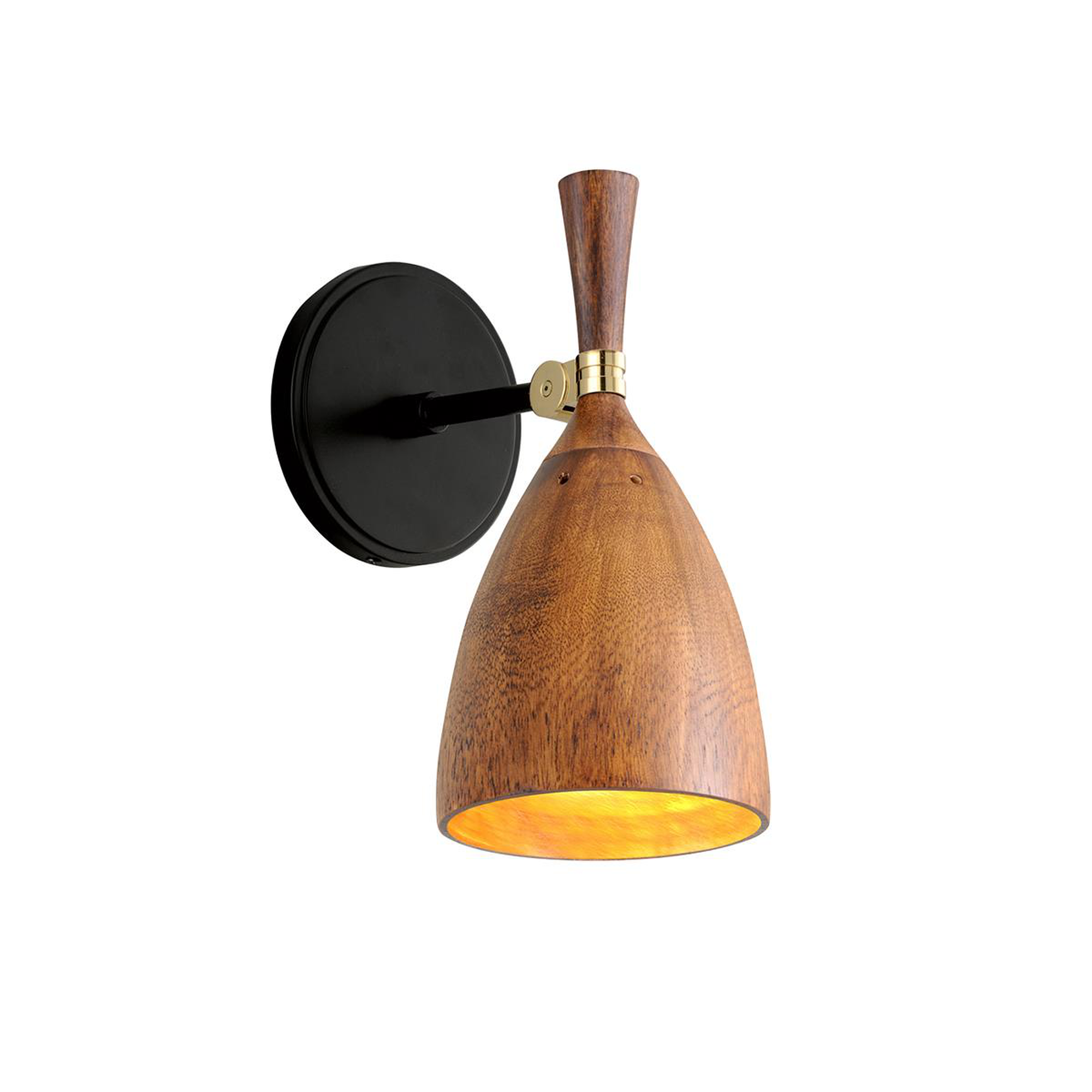 Shown in Satin Black finish and Acacia Wood shade and Polished Brass accent