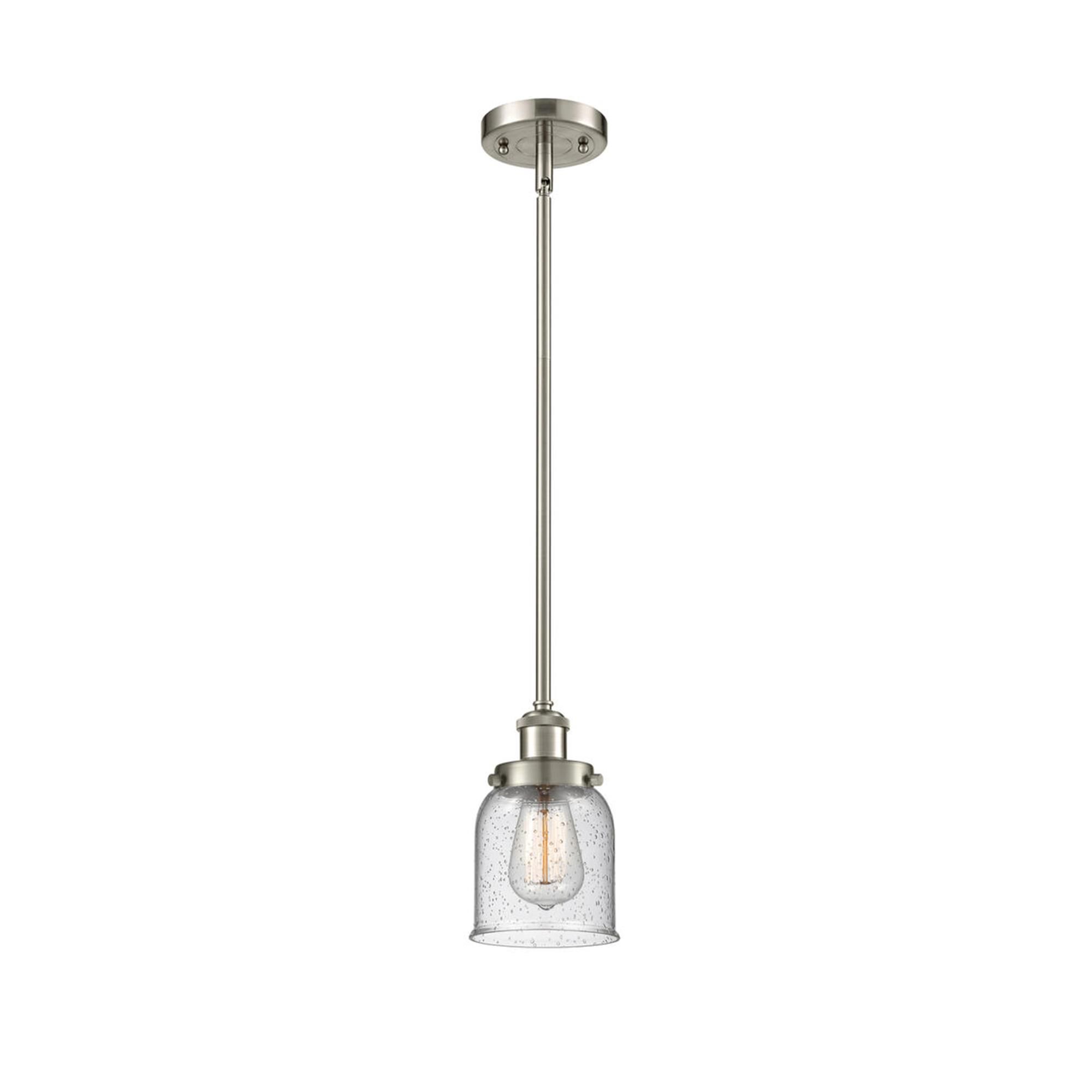 Shown in Brushed Satin Nickel finish and Seedy Small Bell glass and None shade