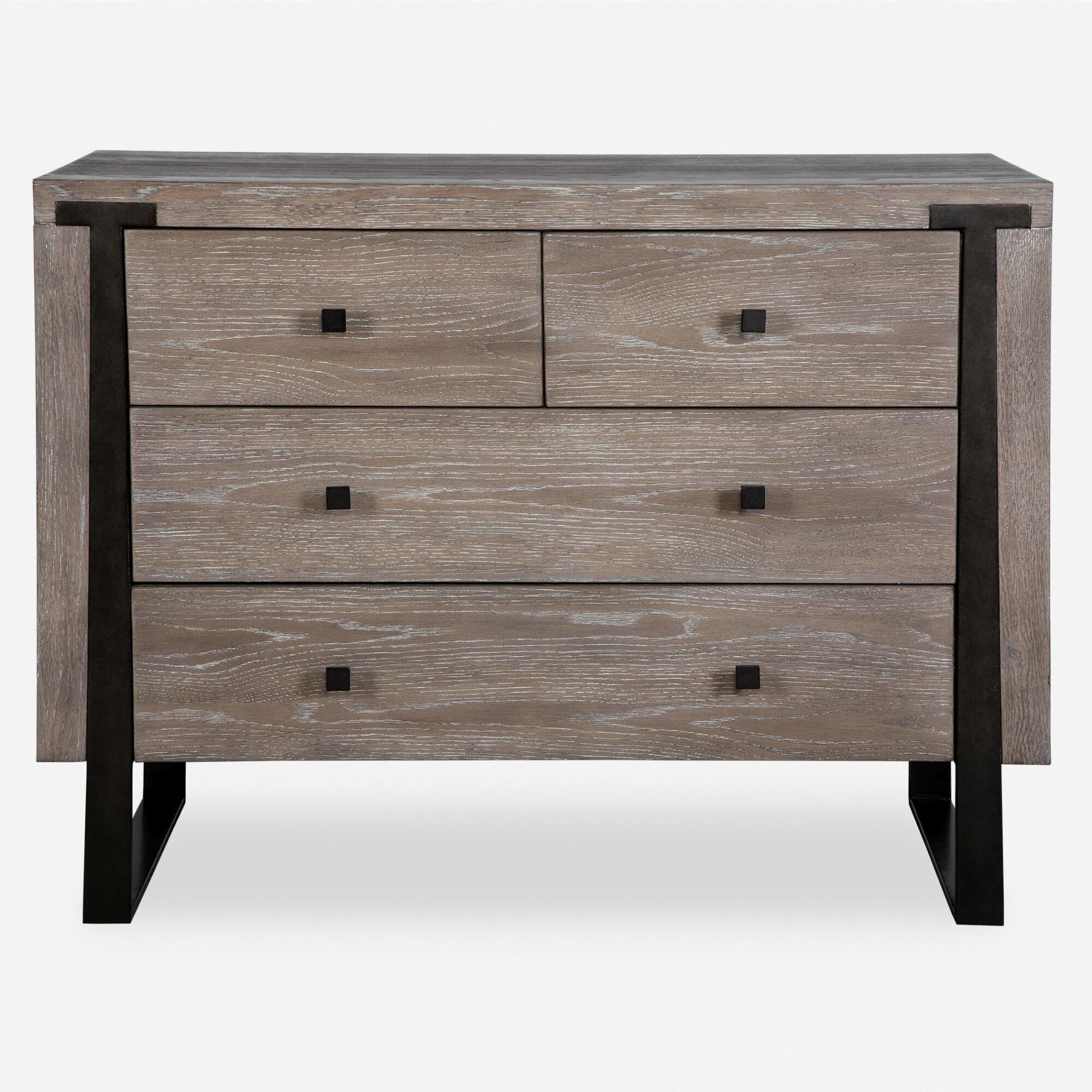 Shown in Contemporary In Style, This Light Oak Veneer Chest Features Dark Bronze Iron Legs That Embed Into Th finish