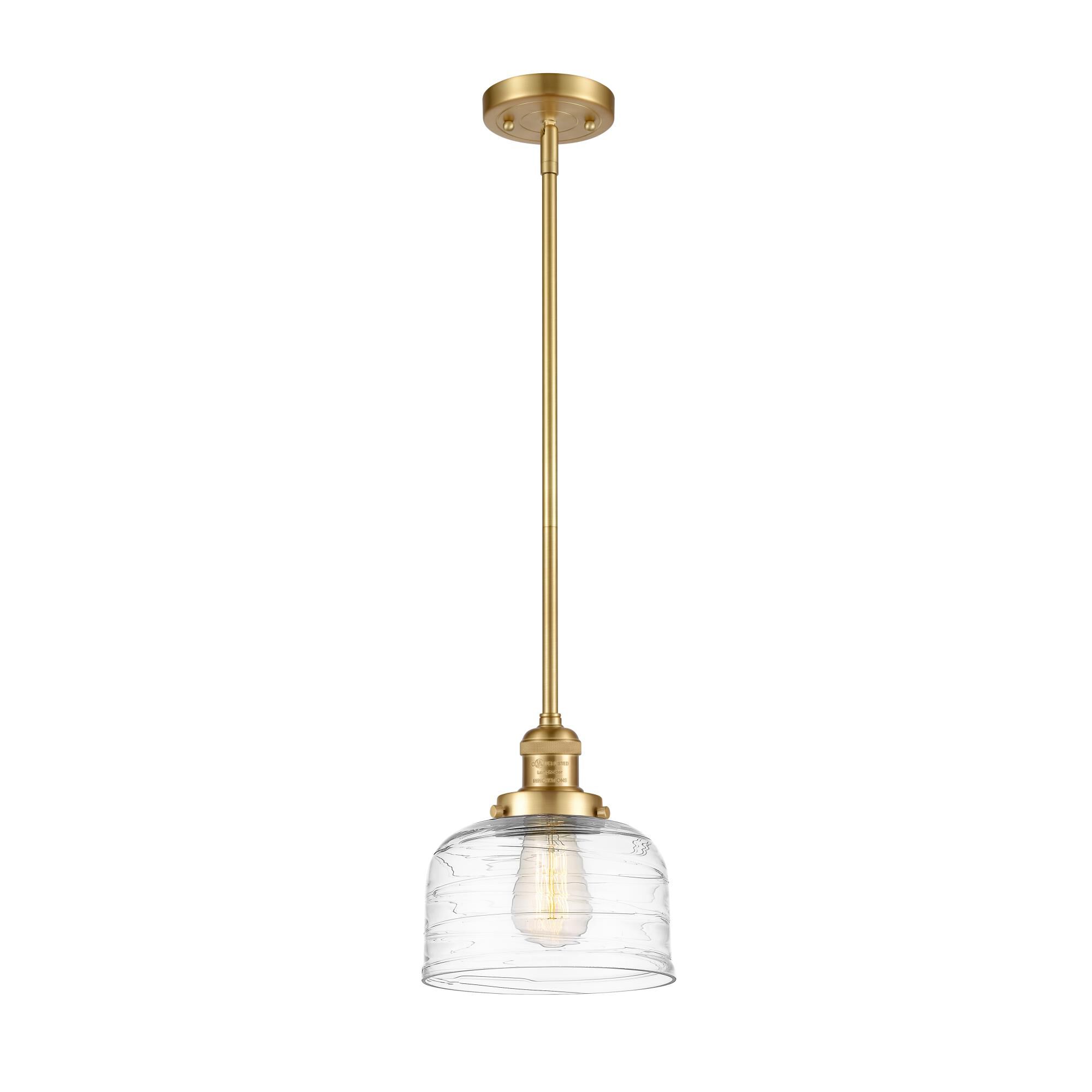 Shown in Satin Gold finish and Clear Deco Swirl Large Bell glass