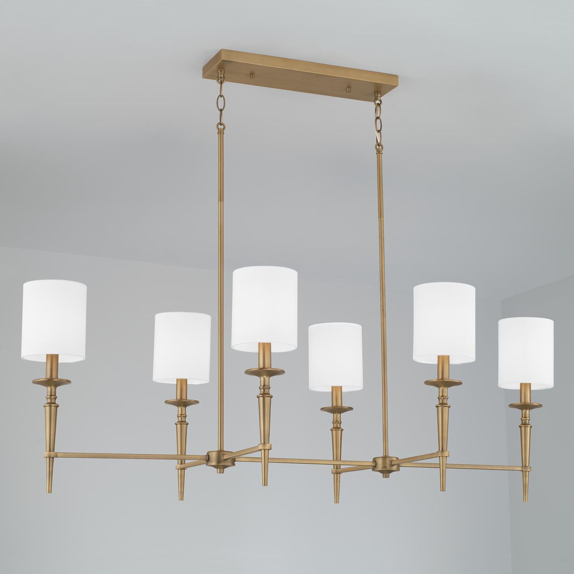 Shown in Aged Brass finish and 701 glass and White Fabric Stay-Straight s shade