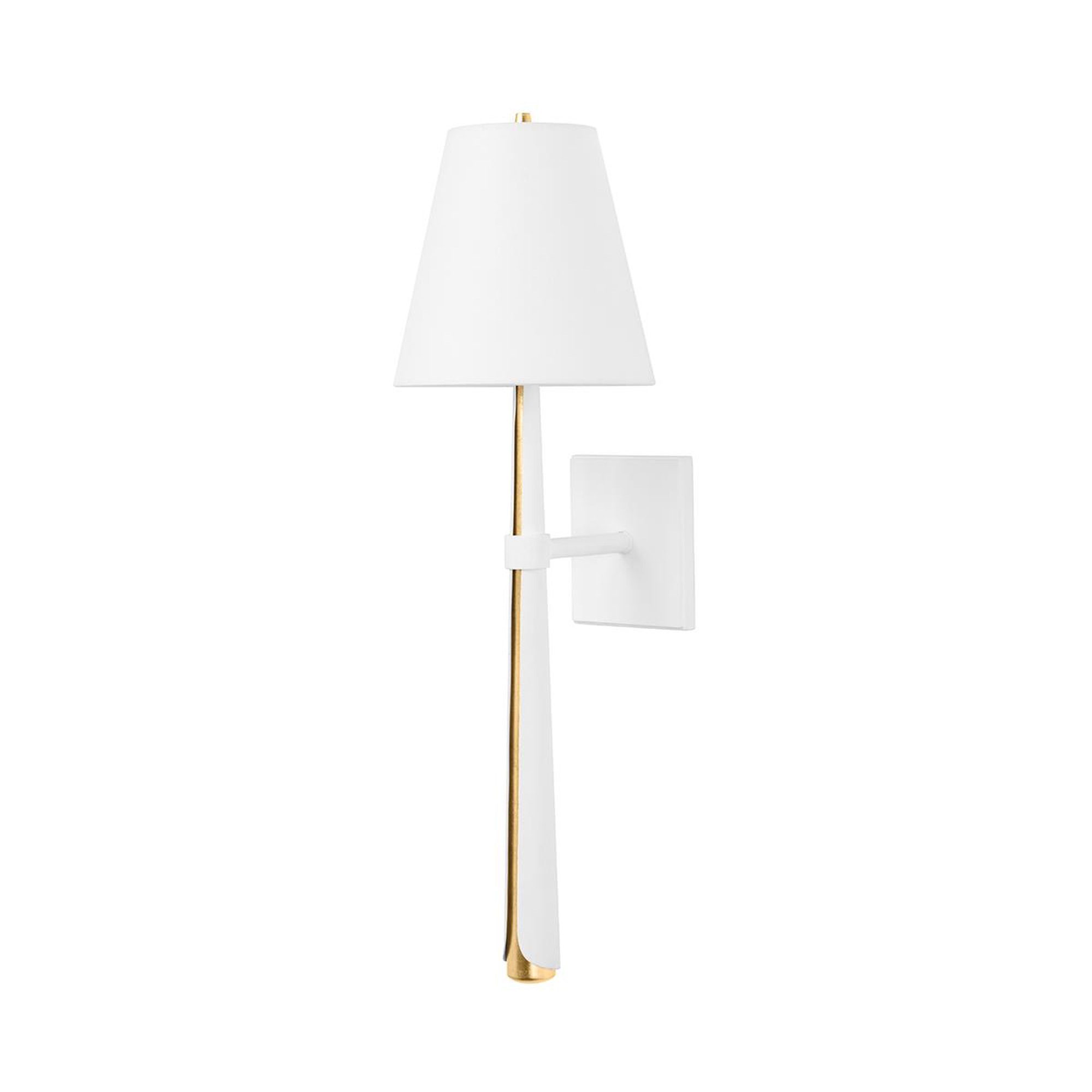 Shown in Vintage Gold Leaf and Gesso White finish and White Linen shade