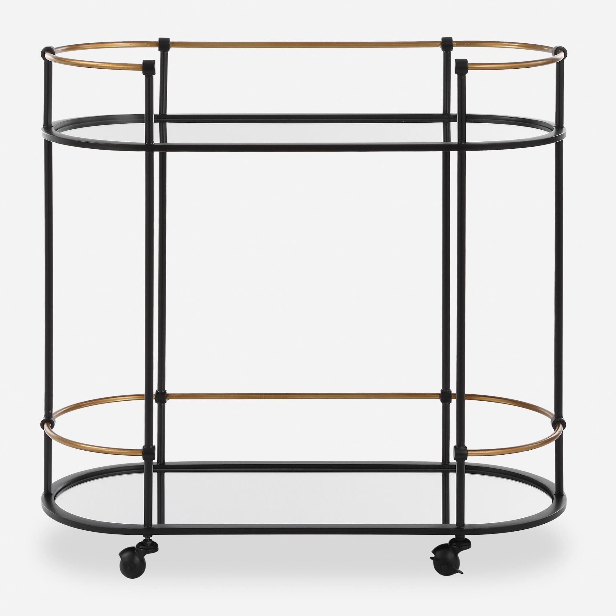 Shown in Highlighting A Clean Pill Shaped Design This Bar Cart Brags Of Satin Black Finished Iron Legs Accent finish