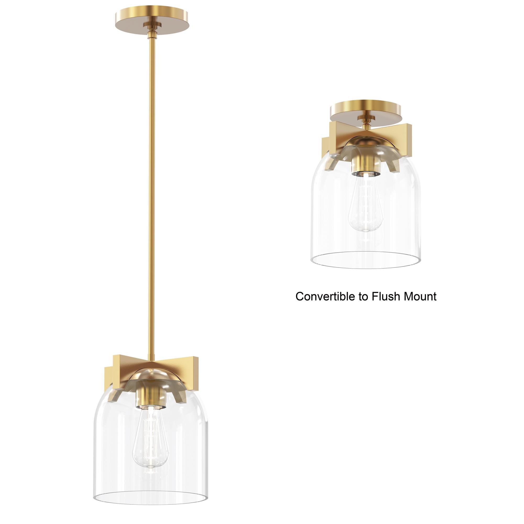 Shown in Natural Aged Brass finish and Clear glass and Glass shade