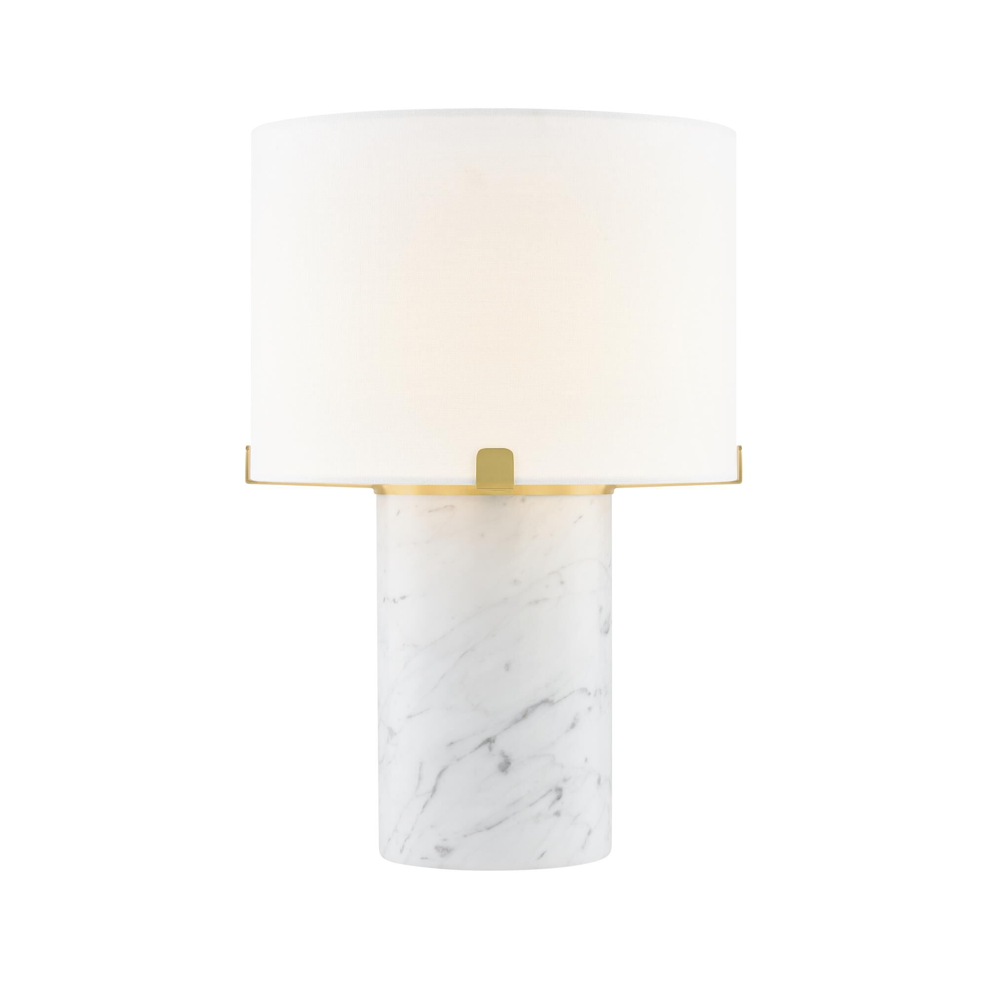 Shown in Aged Brass finish and White Linen shade