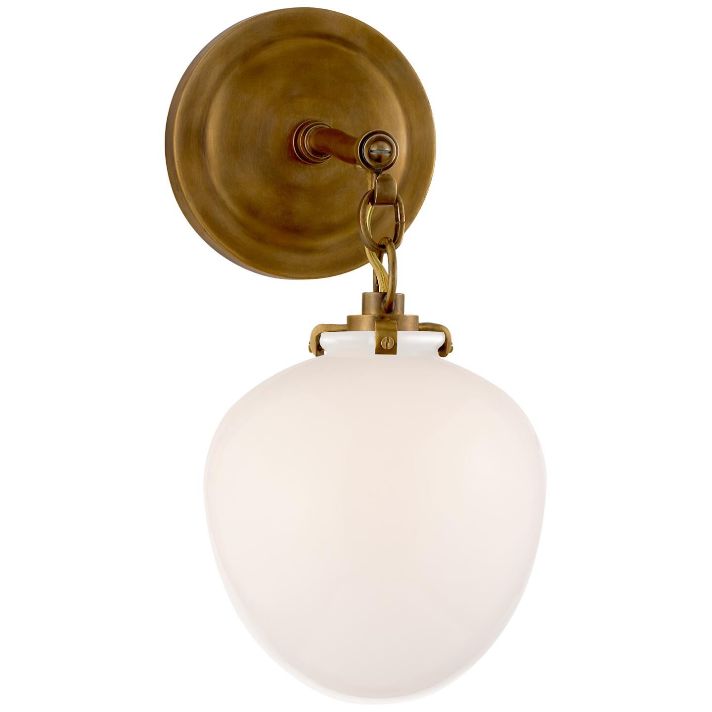 Shown in Hand-Rubbed Antique Brass finish and White glass