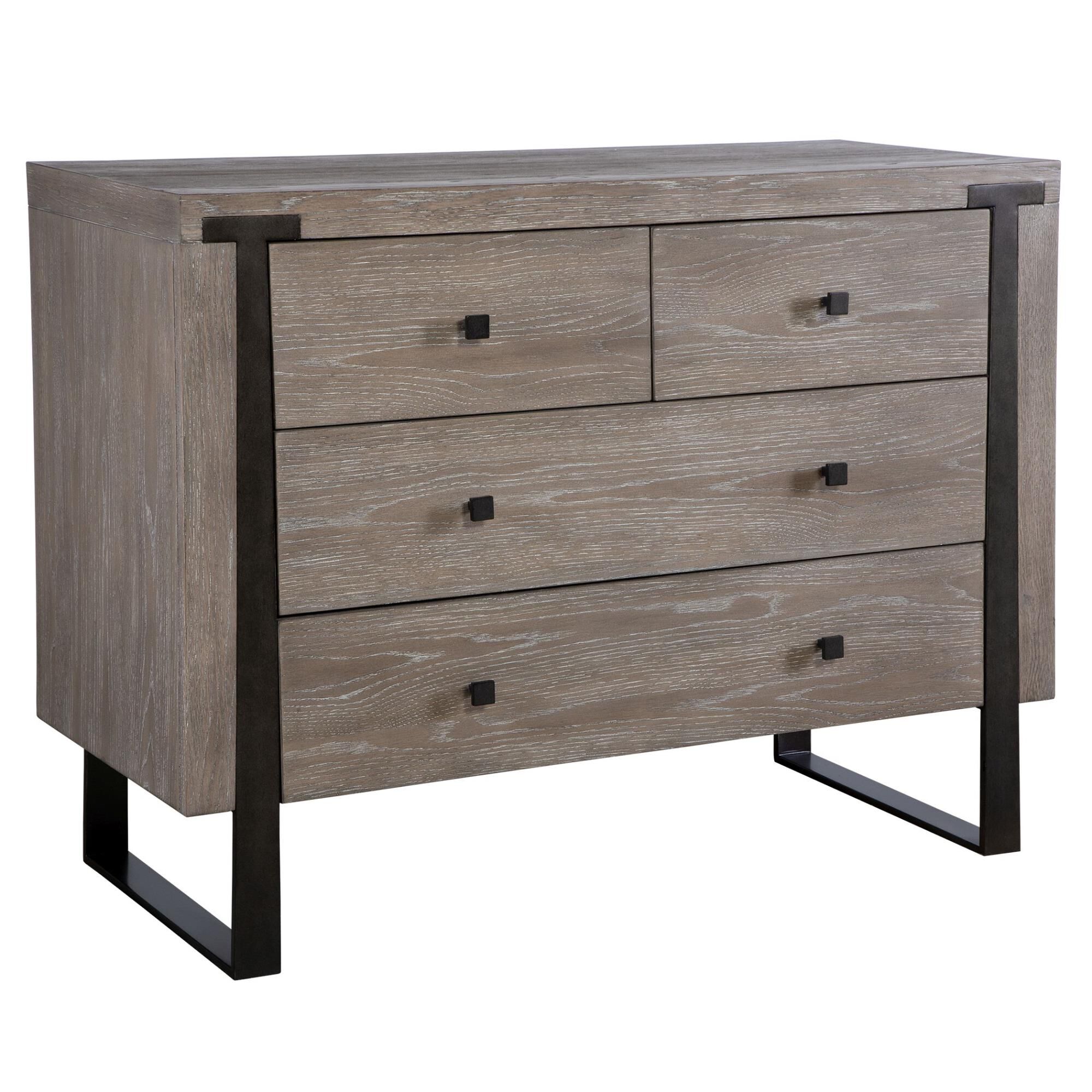 Shown in Contemporary In Style, This Light Oak Veneer Chest Features Dark Bronze Iron Legs That Embed Into Th finish