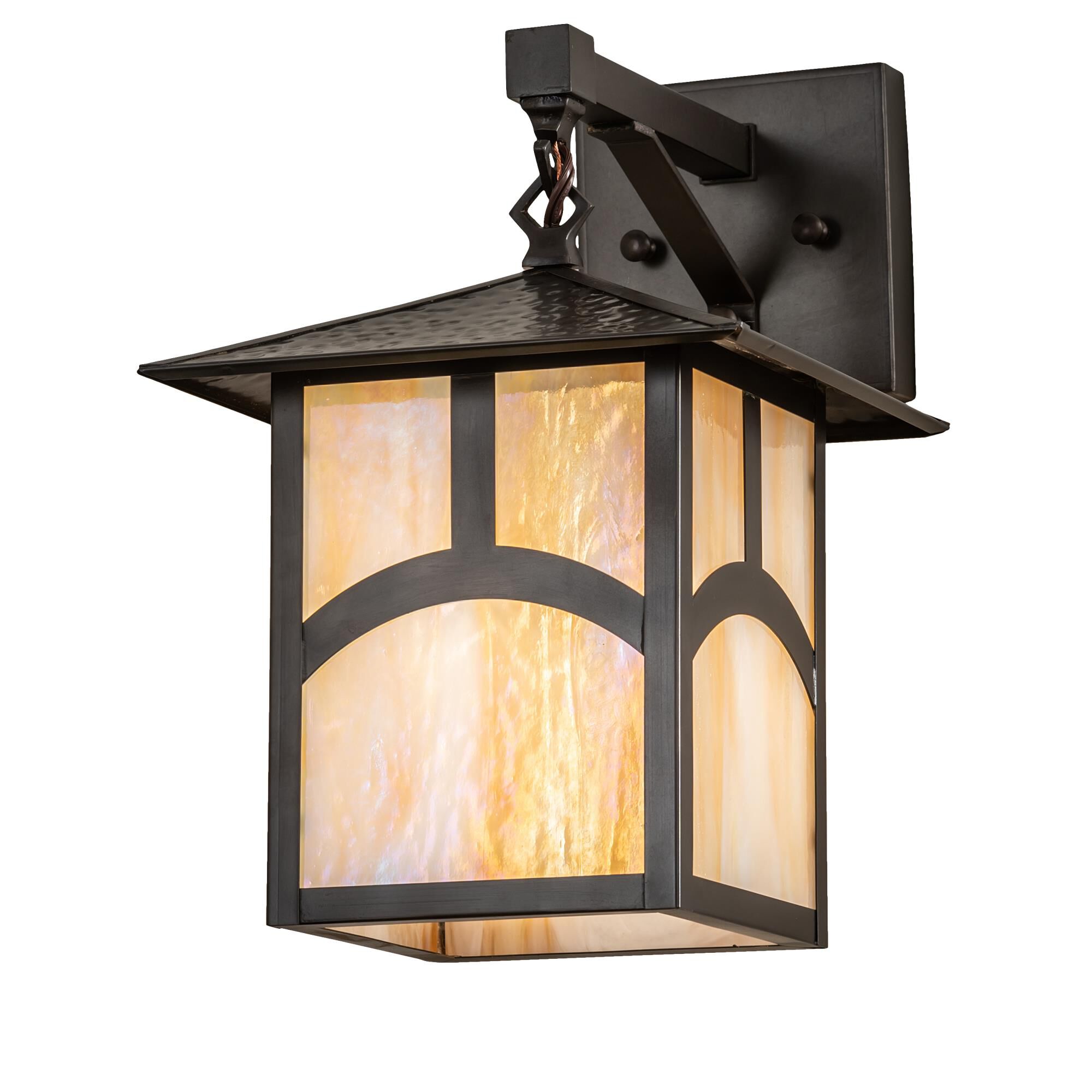 Shown in Craftsman Brown Finish finish and Beige;Iridescent glass