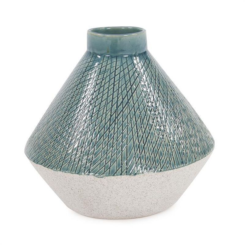 Cross Hatched Sea Blue Ceramic Angled Vase Vase-Urn by Howard Elliott Collection