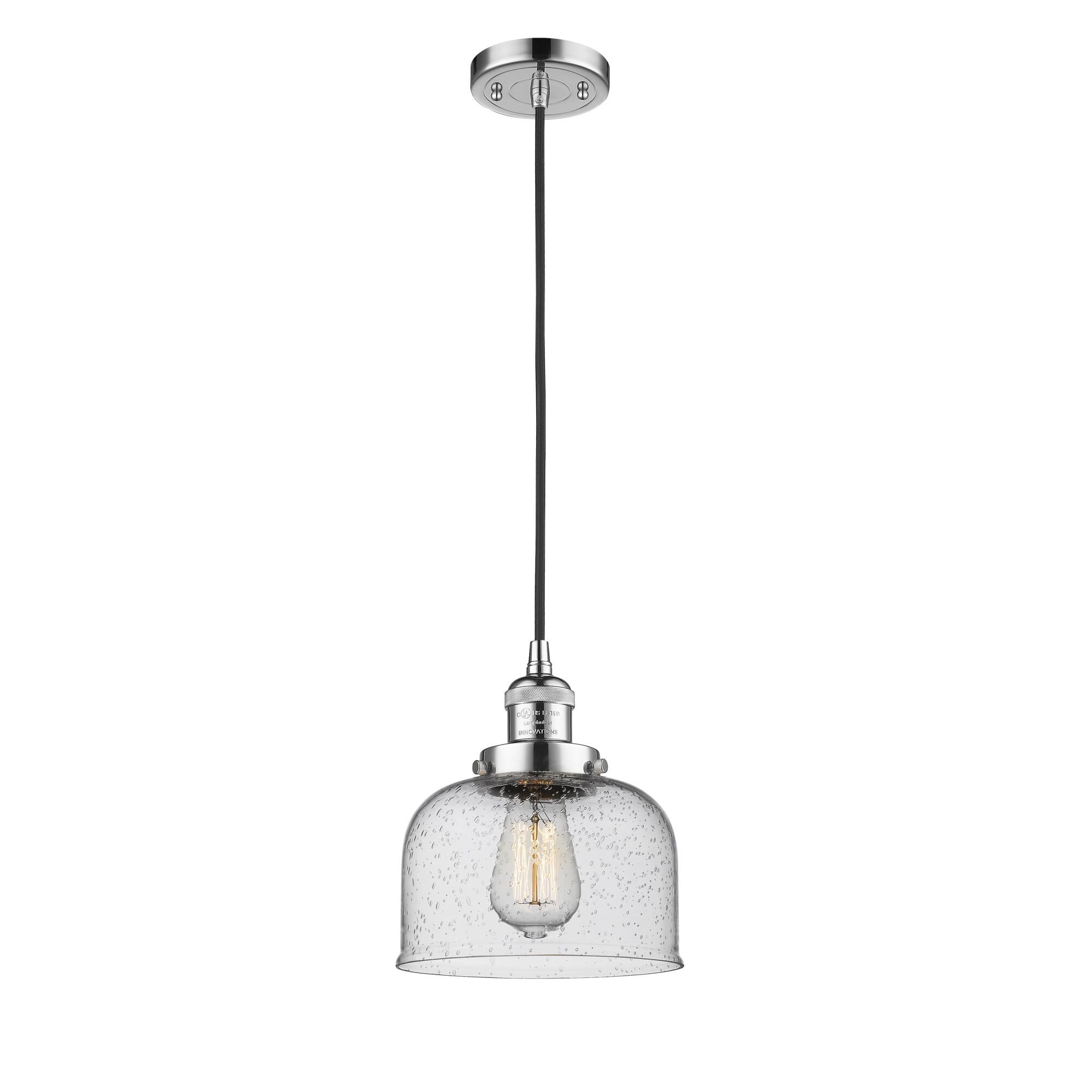 Shown in Polished Chrome finish and Seedy Large Bell glass and Cord accent