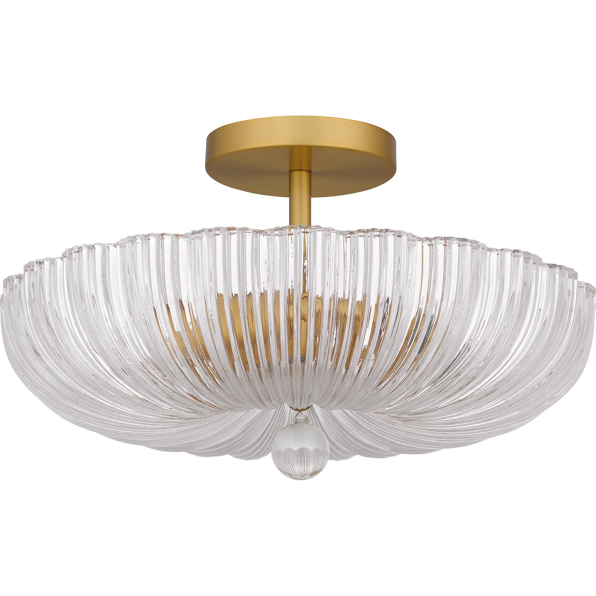 Shown in Brushed Gold finish and Clear Ribbed Glass shade