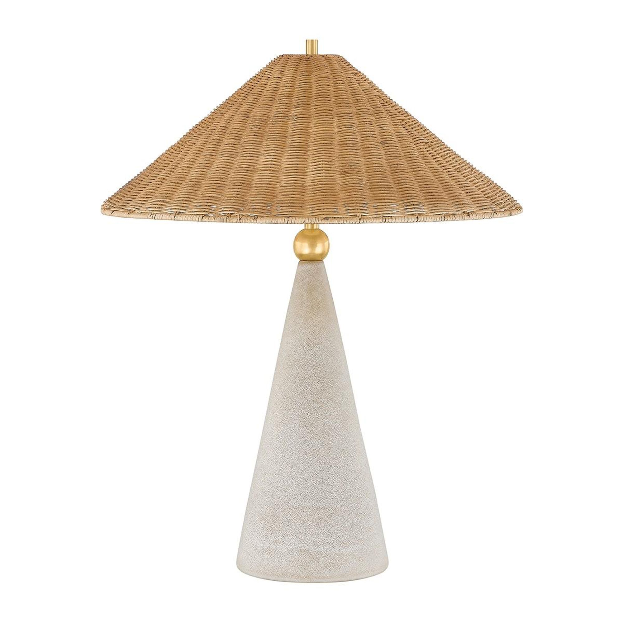 Shown in Aged Brass/ Ceramic Windswept White finish and Vintage Natural Wicker shade