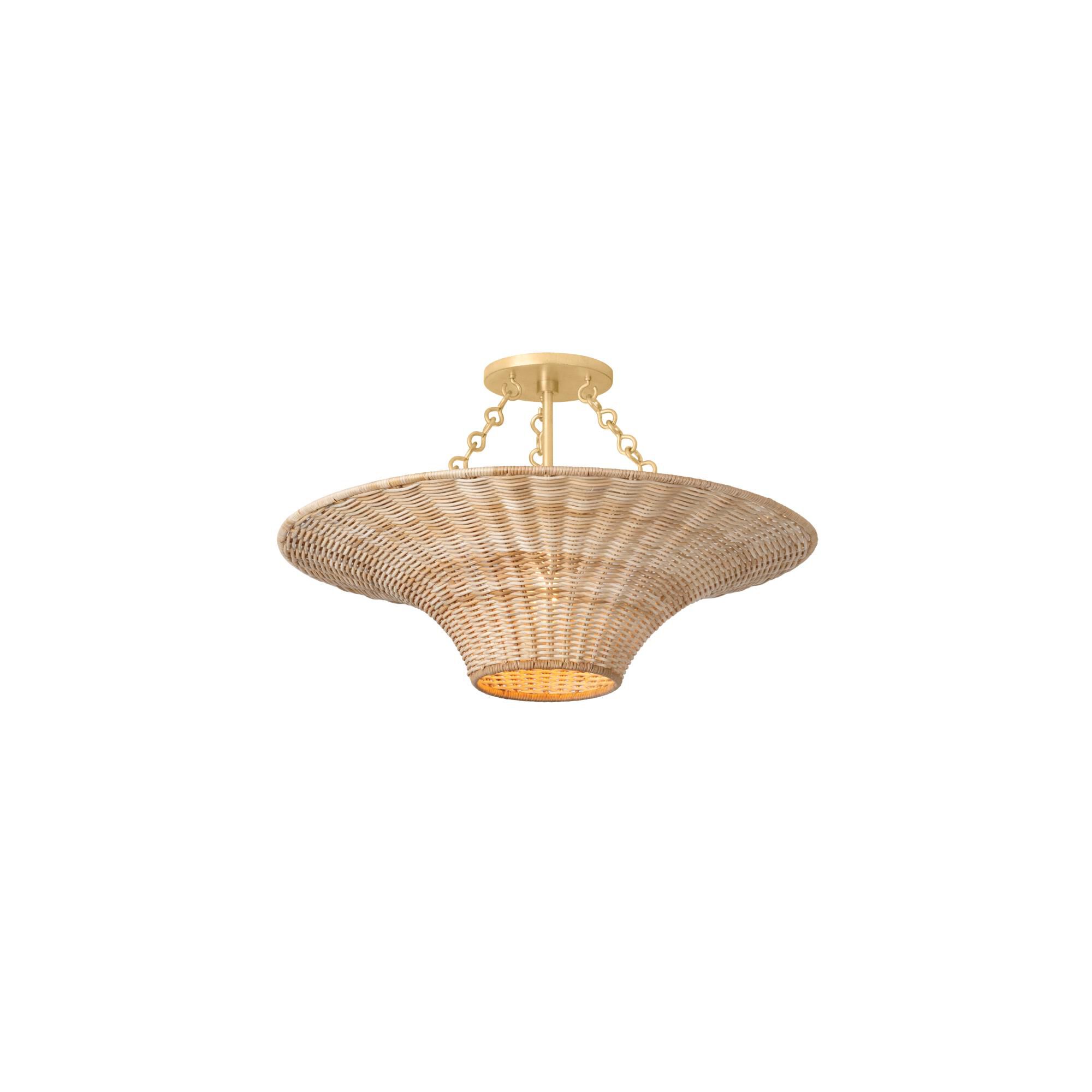 Shown in Vintage Gold Leaf finish and Vintage Natural Wicker shade