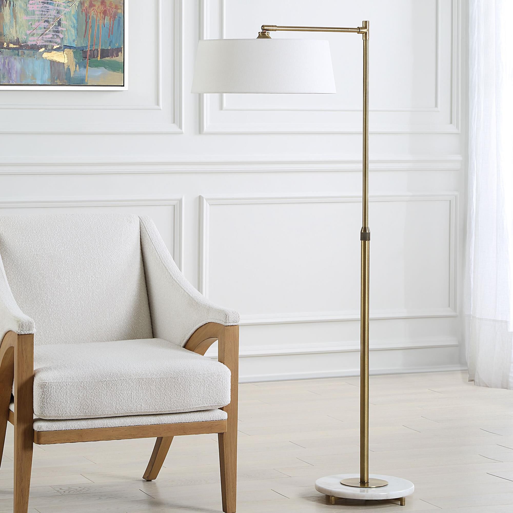 Shown in This Refined Floor Lamp Is Crafted From Iron Finished In A Plated Antique Brushed Brass, Attached To finish and Round Hardback shade