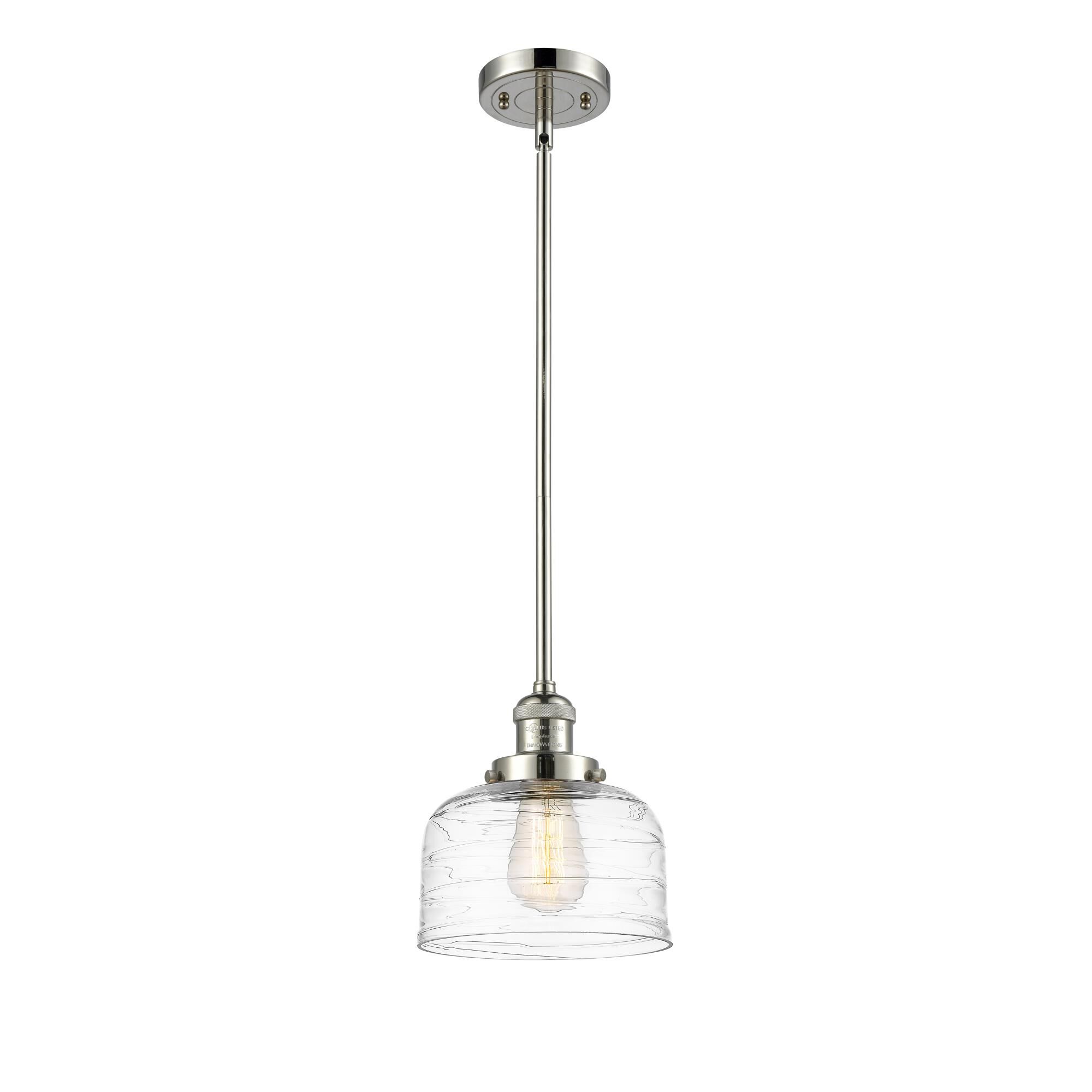 Shown in Polished Nickel finish and Clear Deco Swirl Large Bell glass