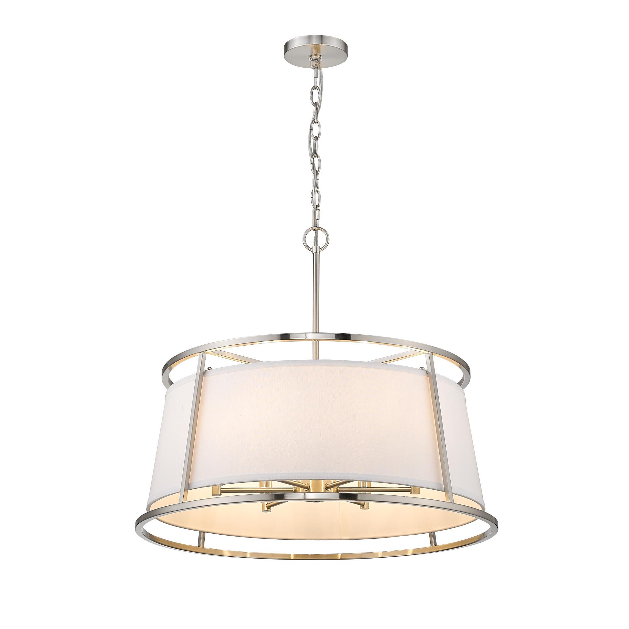 Shown in Brushed Nickel finish and Fabric glass and Fabric shade