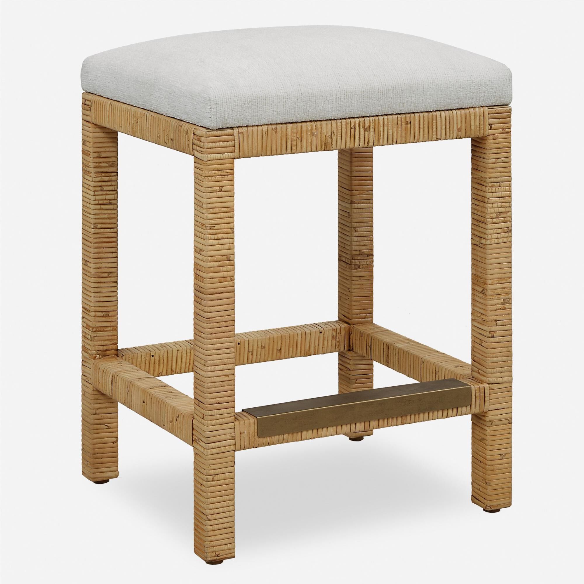 Shown in Casual And Coastal Styling Wrapped In Natural Rattan And Upholstered In An Off White Linear Textured finish