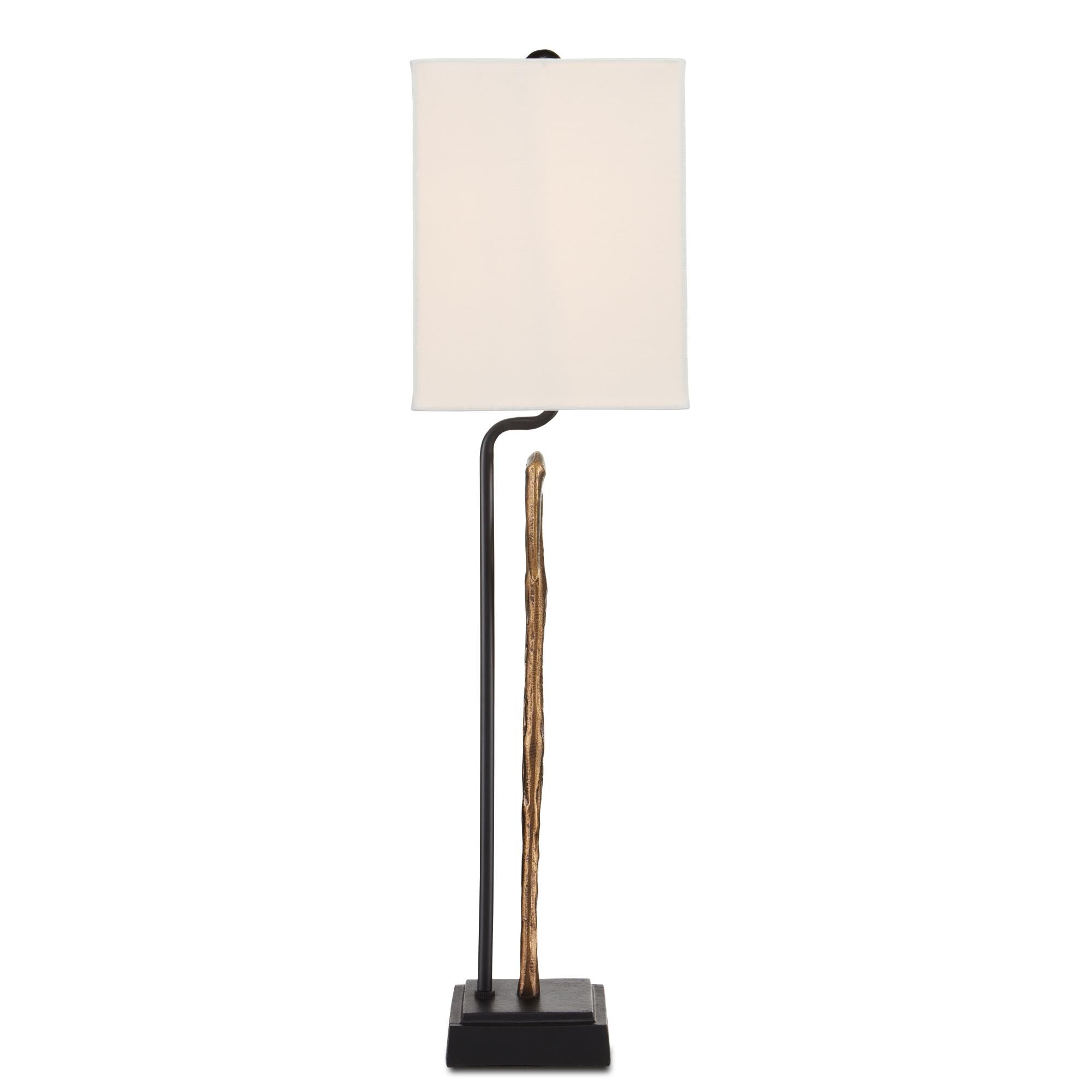 Shown in Antique Brass/Black finish and Bone Linen shade