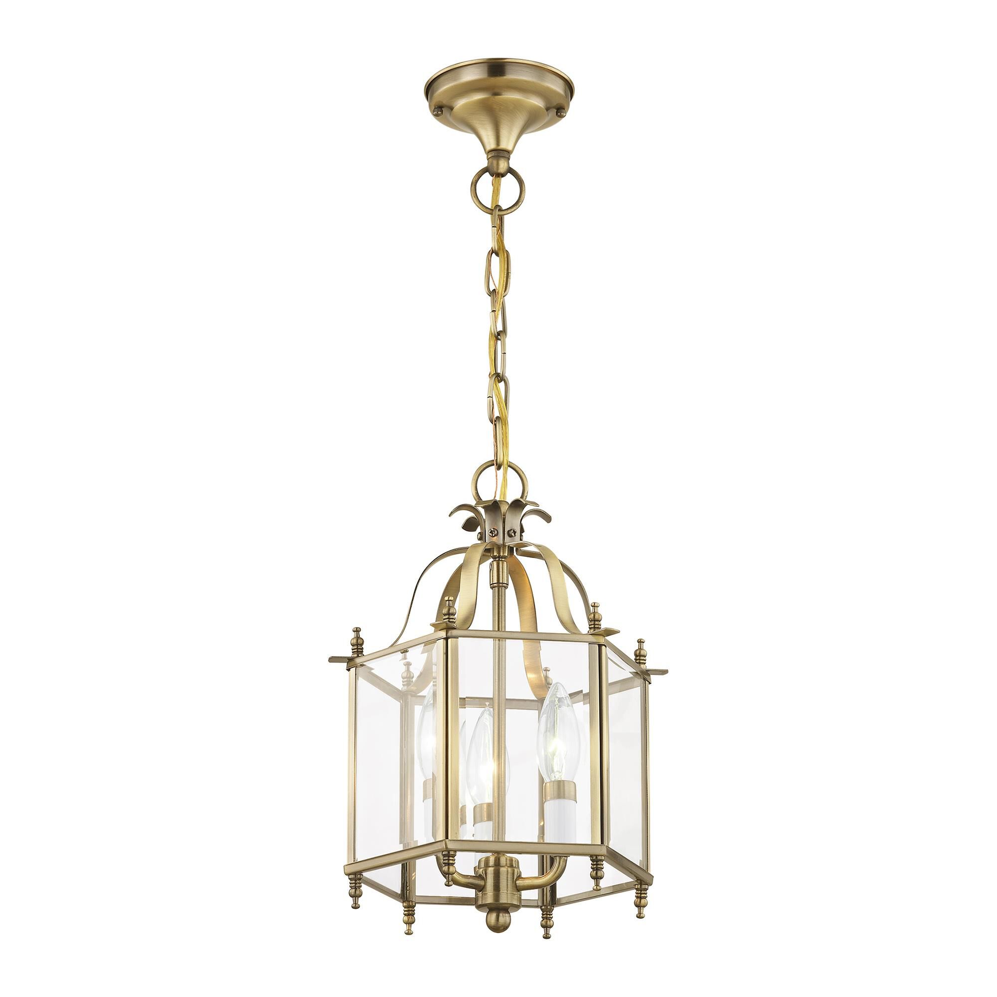 Shown in Antique Brass finish and Clear Beveled glass