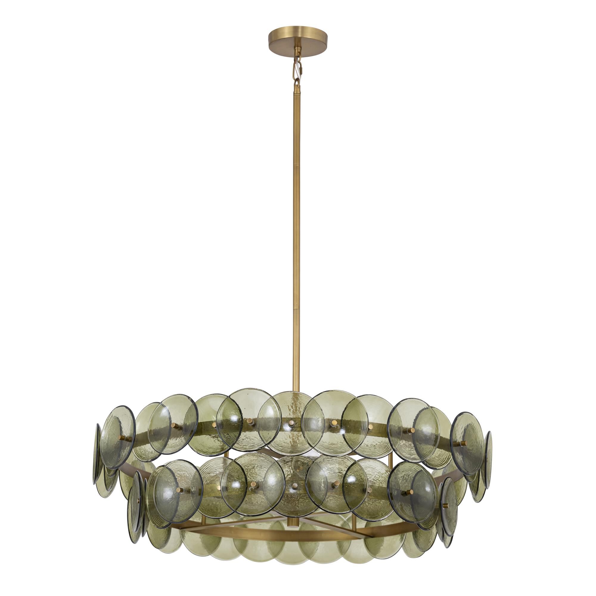 Shown in Weathered Brass finish and Green Vintage glass and Recycled Glass shade