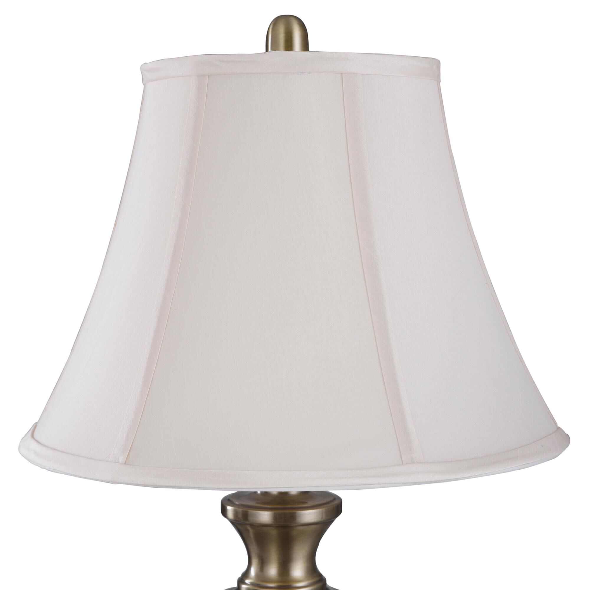 Shown in Antique Brass finish and White Softback Silk Fabric shade